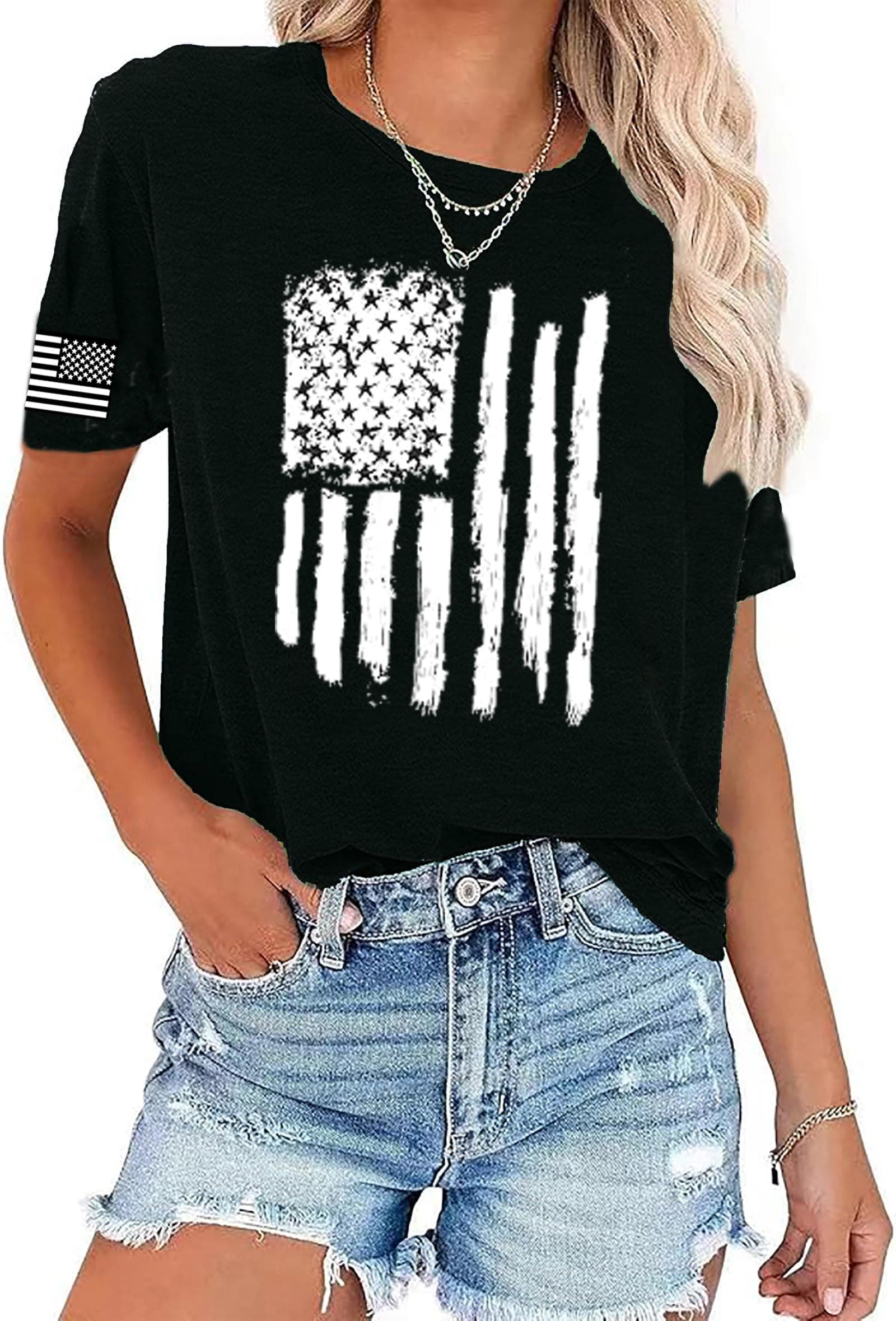 American Flag Patriotic T-Shirt for Women 4th of July Shirts Graphic Tees USA Flag Short Sleeve Shirt Tops Black-4 Medium