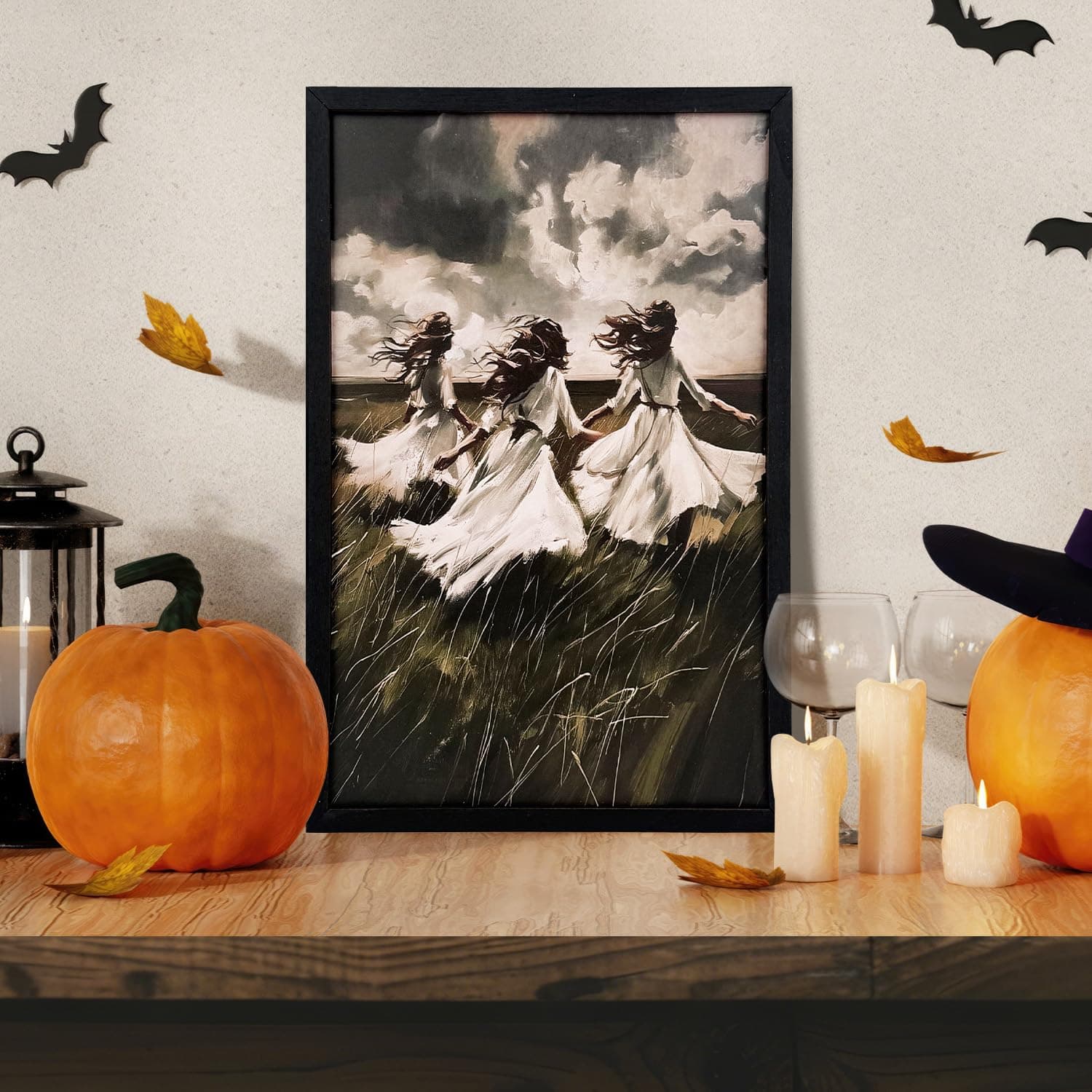 Xizondidi Halloween Wall Decor,Gothic Art Print Poster,Victorian Gothic Wiccan Artwork,Decorative Three Women Art Painting with Wooden Fram for Home Bedroom Living Room Decor