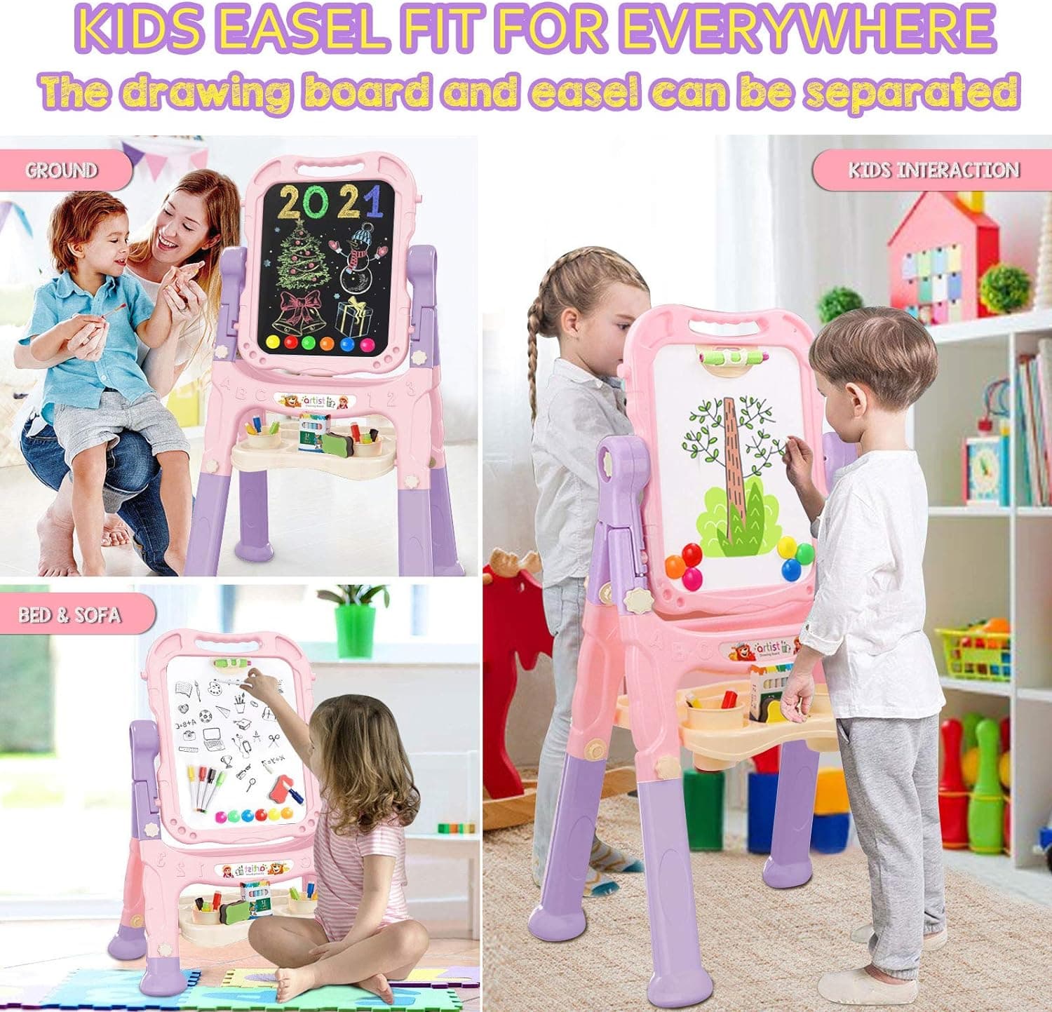 Art Easel for Kids, Adjustable Standing Rotatable Double Sided Easel with Painting Accessories for Toddlers Boys and Girls-Pink - Image 5