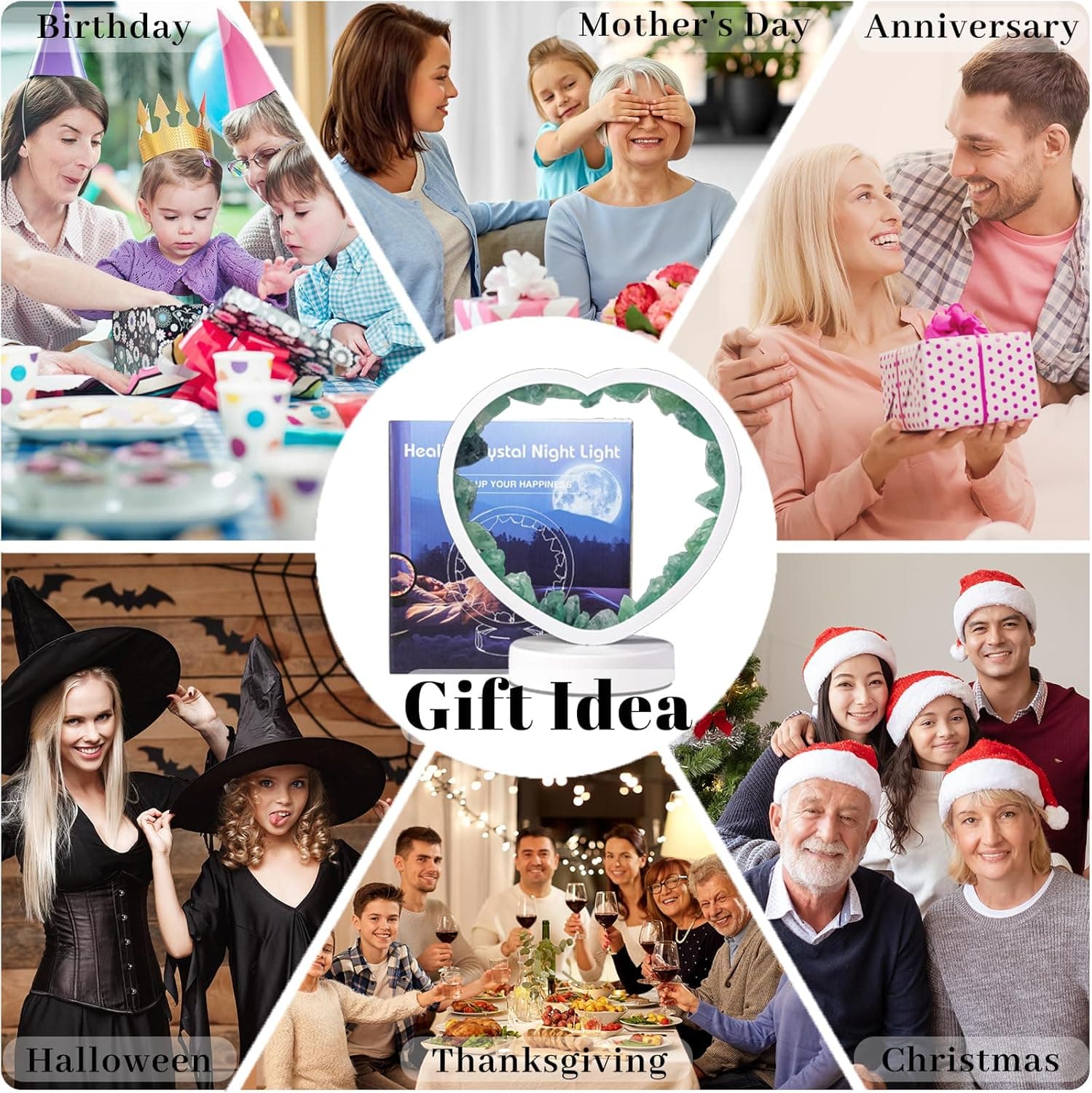 Runyangshi Natural Crystal Night Lamp Heart Shape Bedroom Bedside Sleep Night Light Healing Crystal Gemstone Green Fluorite Light Tri-Color Ambient Light USB Powered for Home Decor Mother's Day Gift Green fluorite Tri-Color light - Image 7