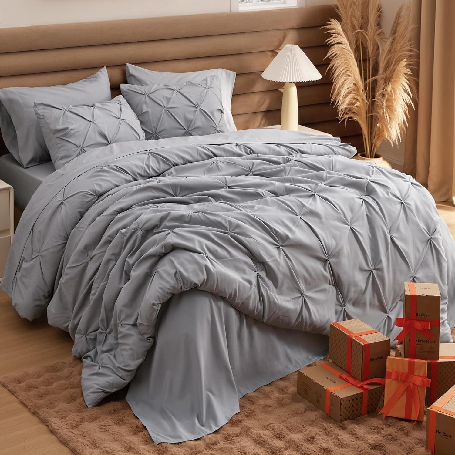 Bedsure King Size Comforter Set - Bedding Sets King 7 Pieces, Pintuck Bed in a Bag Grey Bed Set with Comforter, Sheets, Pillowcases & Shams King 01 - Grey - Image 8