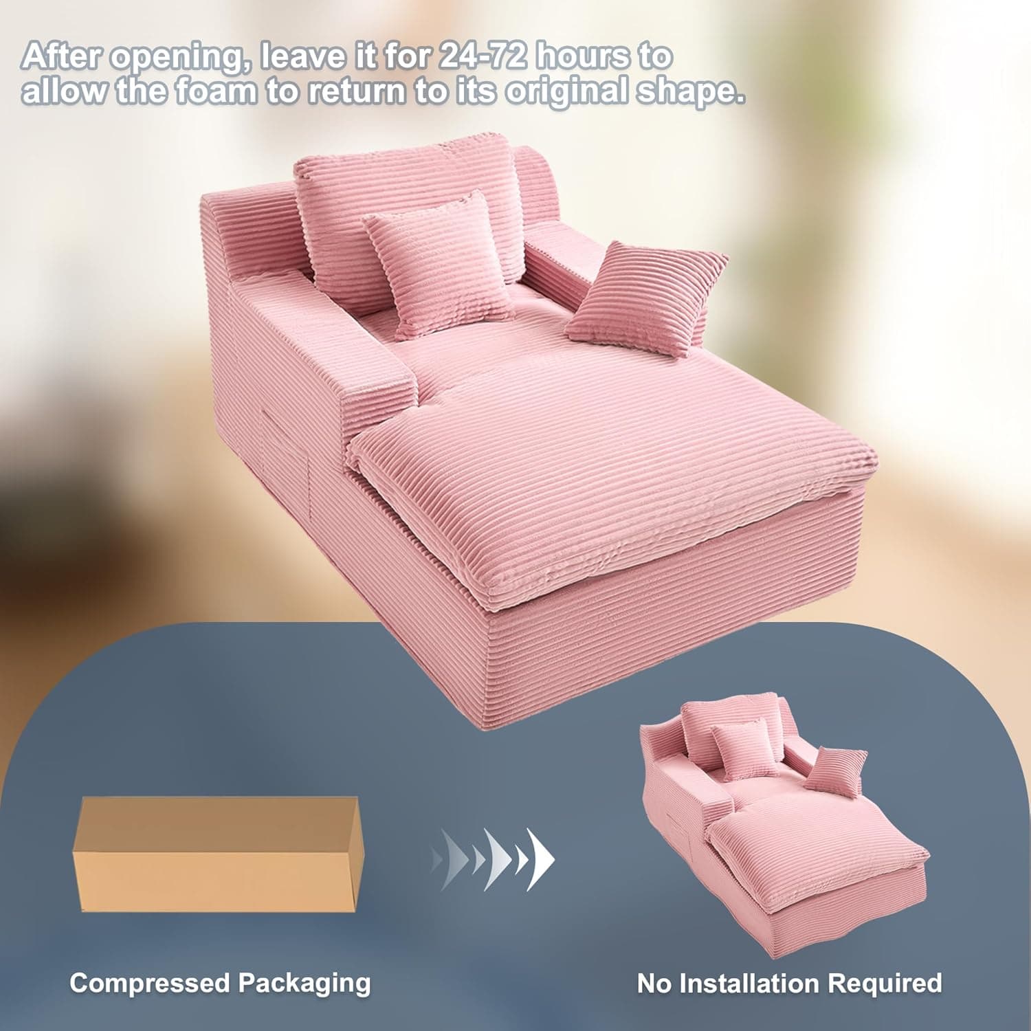 63" Oversized Boneless Chaise Lounge Chair, Extra Cloud Layer, Convertible Sleeper Sofa Couch with Removable Pillows & Side Pockets, Corduroy Upholstered Sofa Bed with Armrests for Living Room, Pink Pink Oversized - Image 9