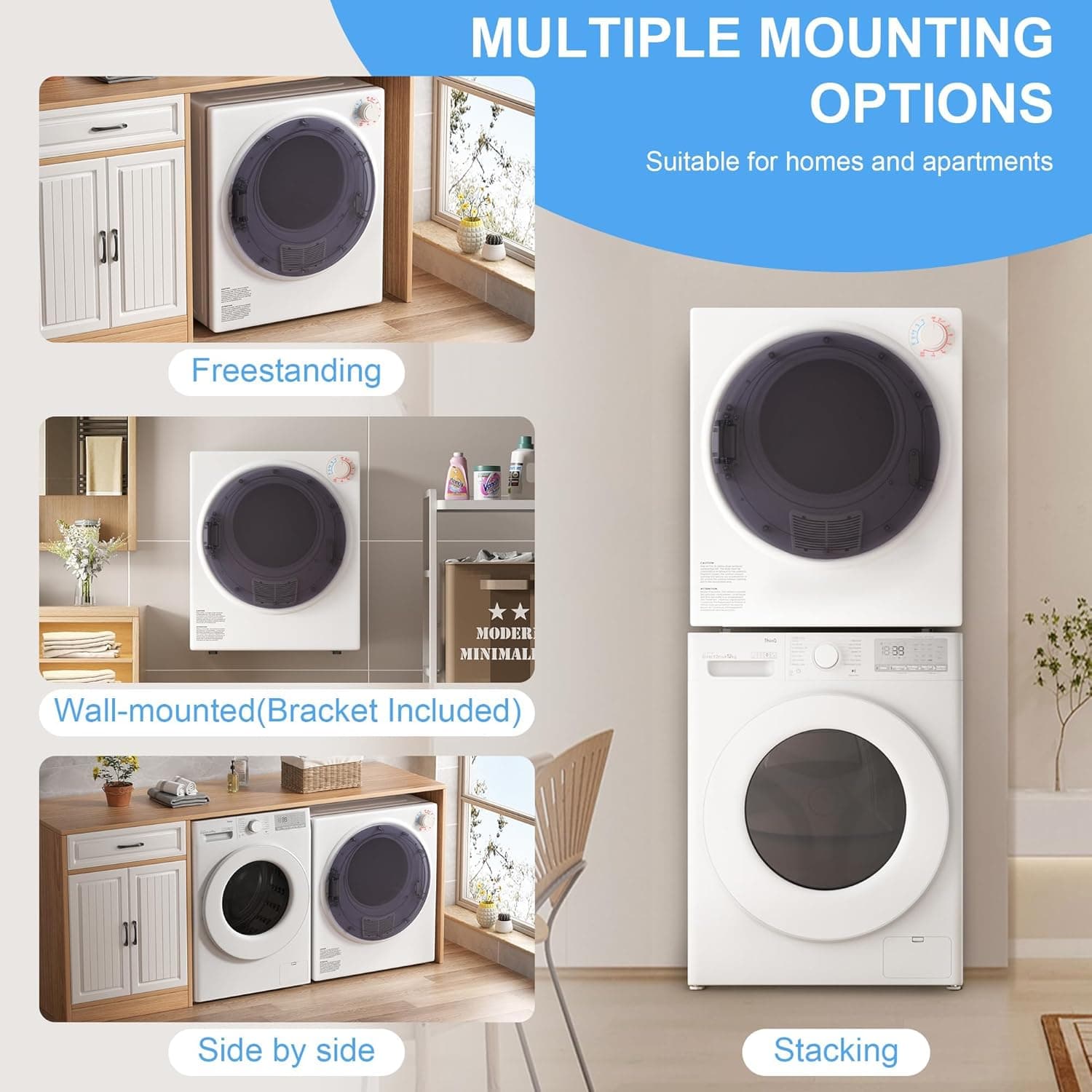 Elevon 800W Portable Clothes Dryer, 2.6 cu.ft Electric Drying Machine for Laundry with Stainless Steel Tub for Apartment, Rvs, Compact Dryer for Small Space, White 2.6 Cubic Feet, White - Image 7