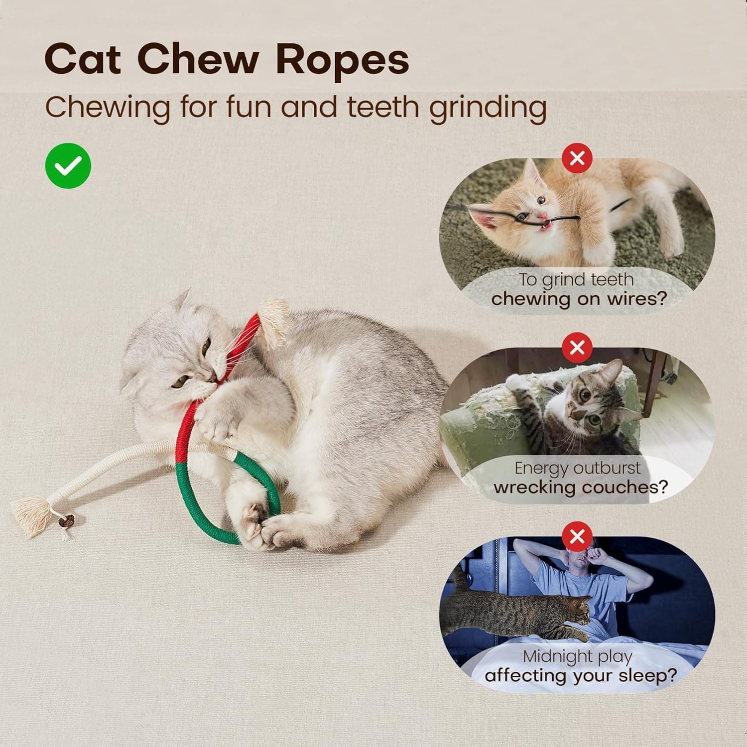 Potaroma Juguetes para Gatos Cuerdas para Masticar 3Pcs con Hierba Gatera Natural Recargable, Juguete Seguro para Limpiar Dientes para Gatitos de Interior, Juguetes Interactivos de Hierba Gatera para Todas las Razas 19.5 Pulgadas - Image 3