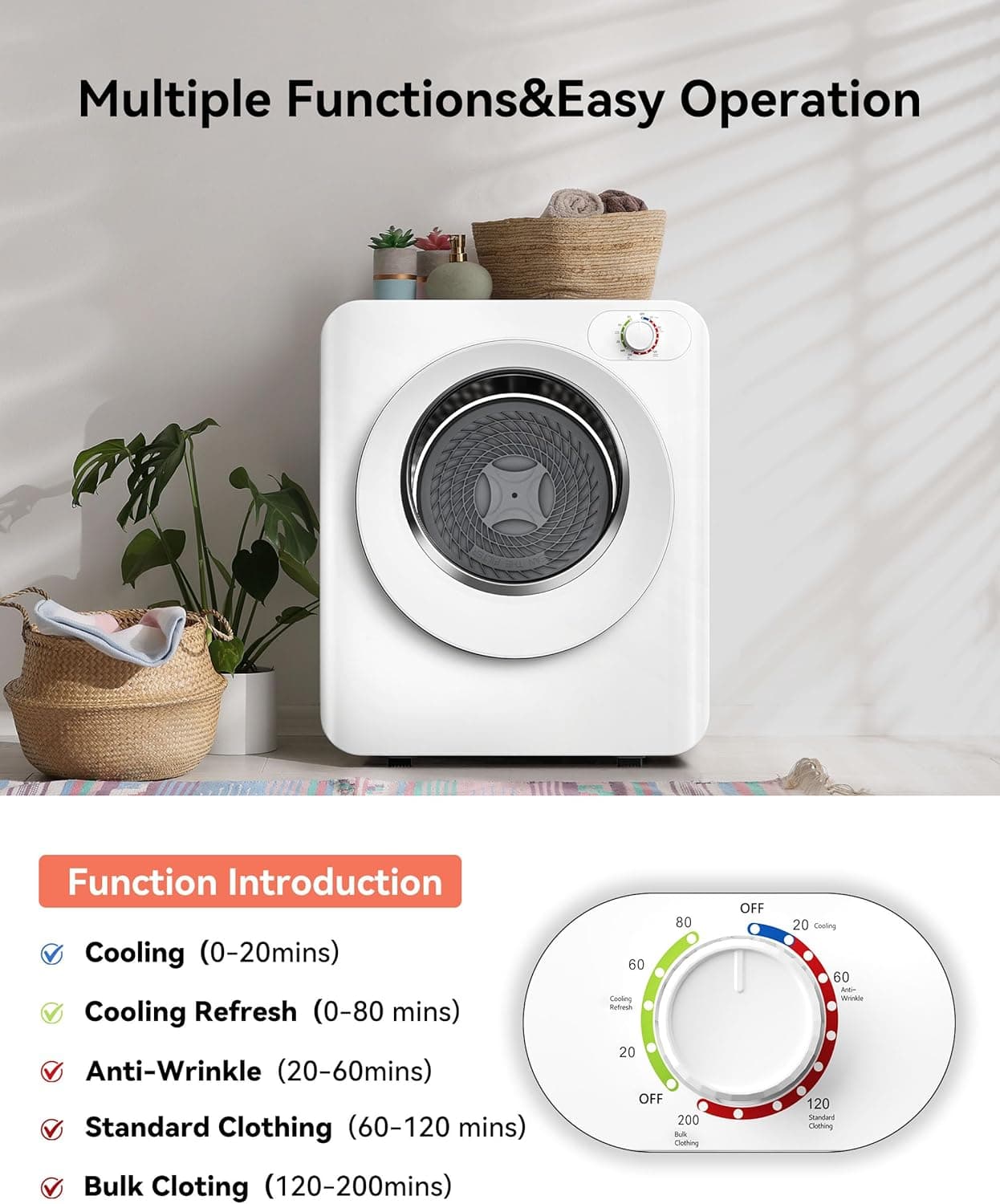 Euhomy Portable Clothes Dryer, 1.5 Cu.Ft. Portable Dryer, 850W Drying Machine with Front-Loading Stainless Steel Drum, 5 Functions, Suitable for Apartments, Dorms, RVs, Small Spaces 1.5 cu. ft. - Image 3