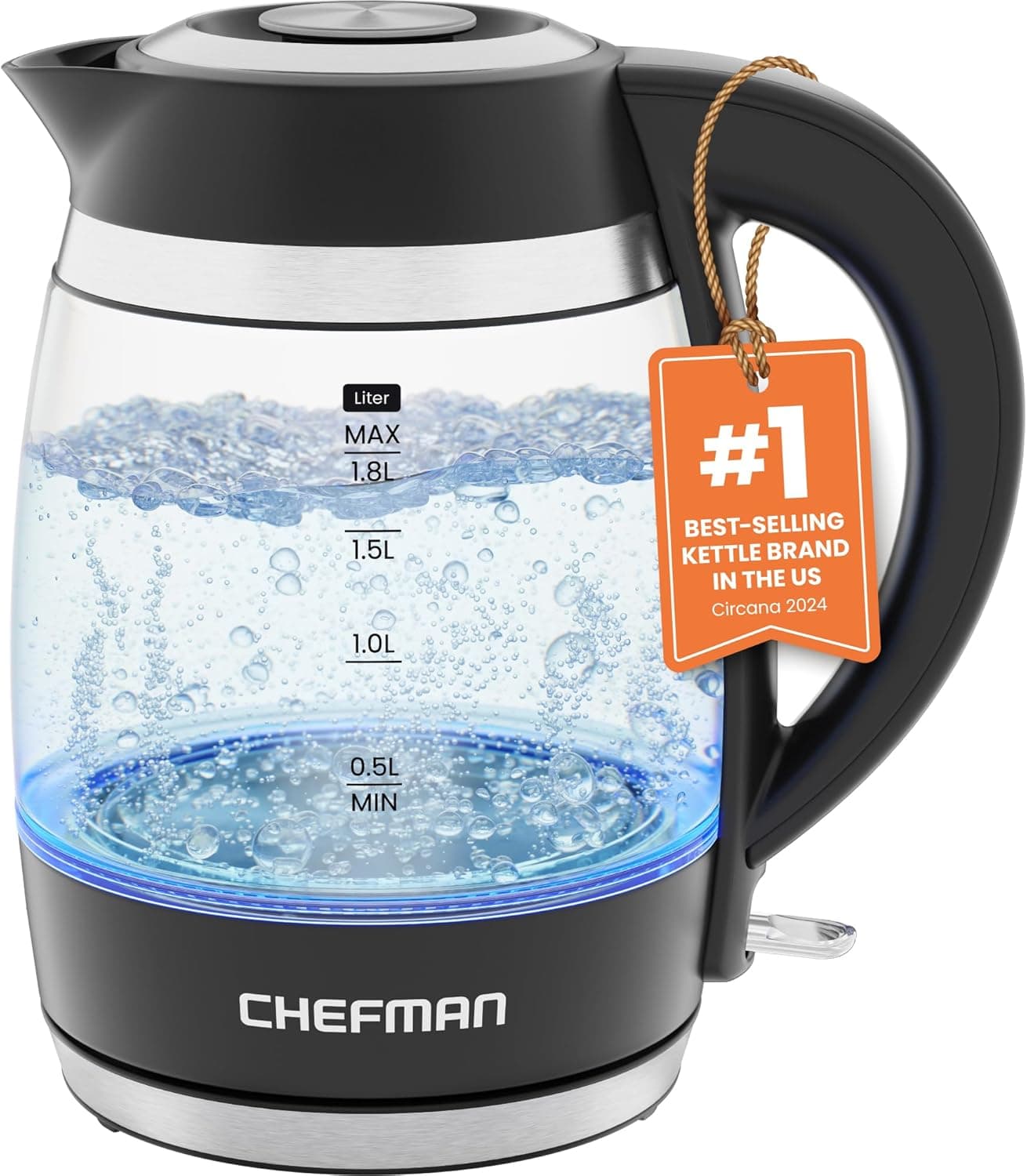 Chefman Electric Kettle, 1.8L 1500W, Hot Water Boiler, Removable Lid for Easy Cleaning, Auto Shut Off, Boil-Dry Protection, Stainless Steel Filter, BPA Free, Borosilicate Glass Electric Tea Kettle Black - Image 2