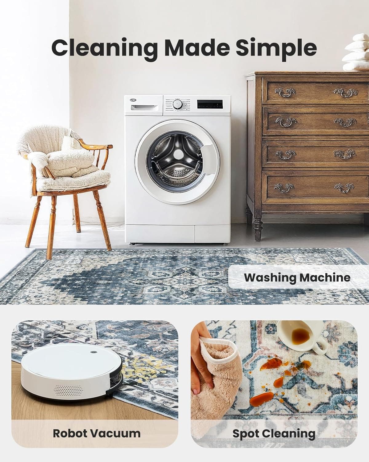 AMADA HOMEFURNISHING 8x10 Washable Area Rug, Low-Profile Large Area Rug with Non-Slip Backing & Durable Edge Binding, Vintage Large Rugs for Living Room, Bedroom, Dinning Room 8' x 10' (Rectangular) Blue - Image 5