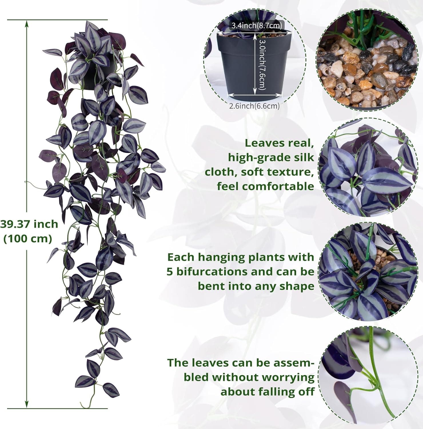 LOYWREE Small Fake Hanging Purple Eyebrow Leaf Plant Artificial Potted Plants Indoor 39-in Long Faux Dark Black Vine Plant with Pot for Shelf Home Office and Outdoor Garden Decor (Black Pot) Dark Eyebrow 1Pack - Image 3