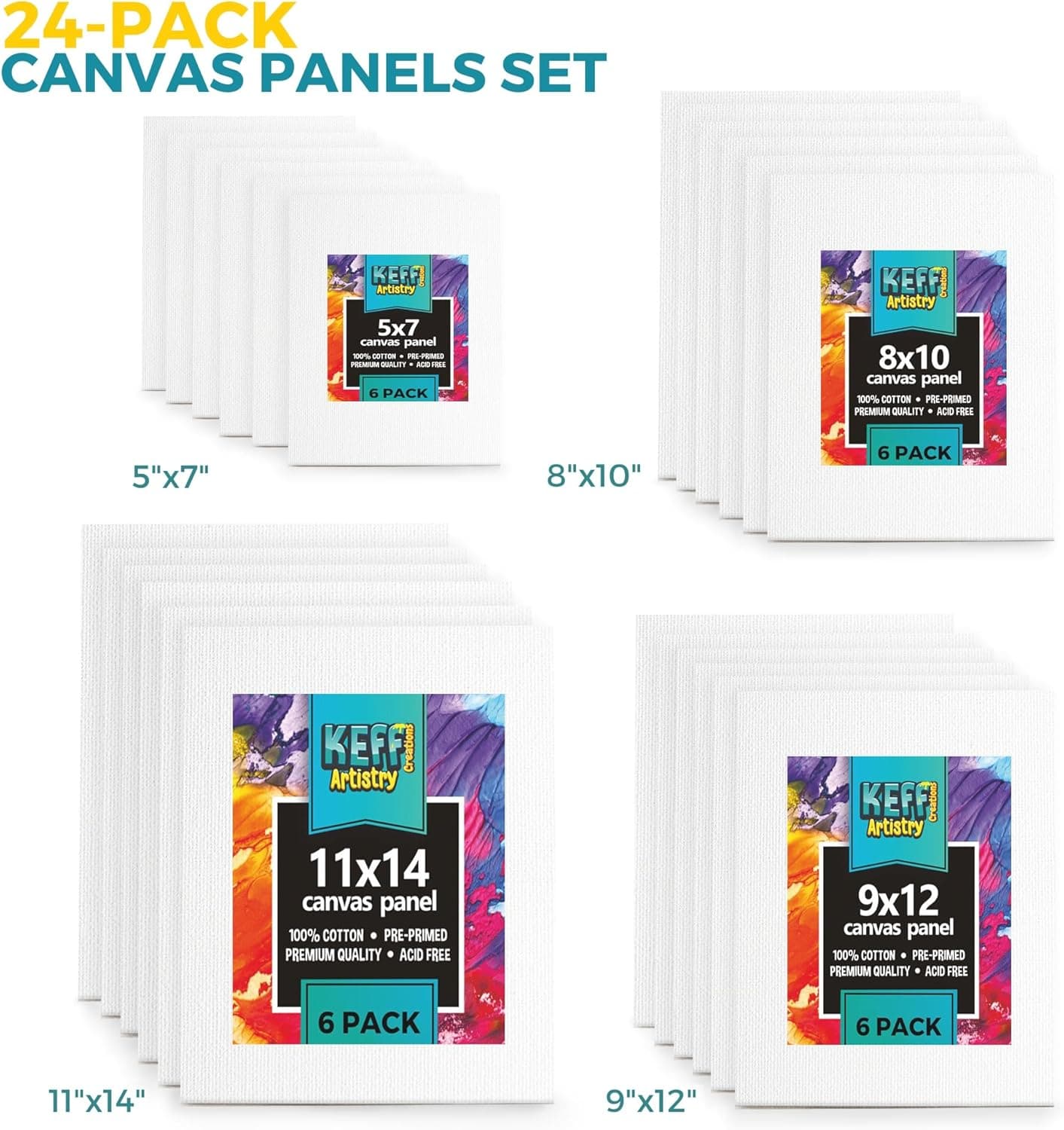KEFF 24-Pack Canvas for Painting, 6 of 5x7, 8x10, 9x12,11x14 Painting Canvas Boards, Art Supplies for Adults & Kids - 100% Cotton Primed Canvases for Painting for Acrylic, Oil, Watercolor, Tempera 24 Pack - 6 of Each, 5x7, 8x10, 9x12, 11x14 24 - Image 3