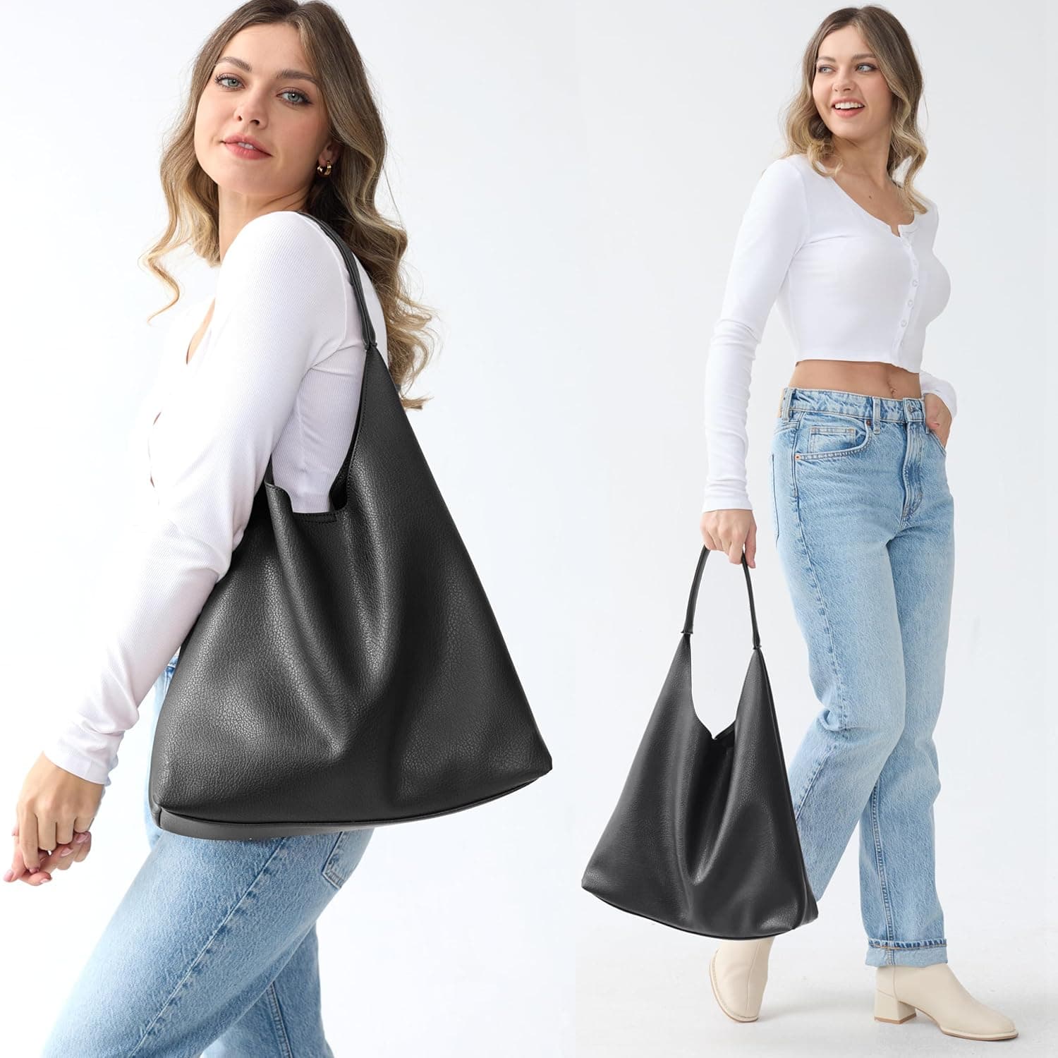 Hobo Bags for Women Soft Vegan Leather Shoulder Handbag Slouchy Tote Purses Black - Image 3