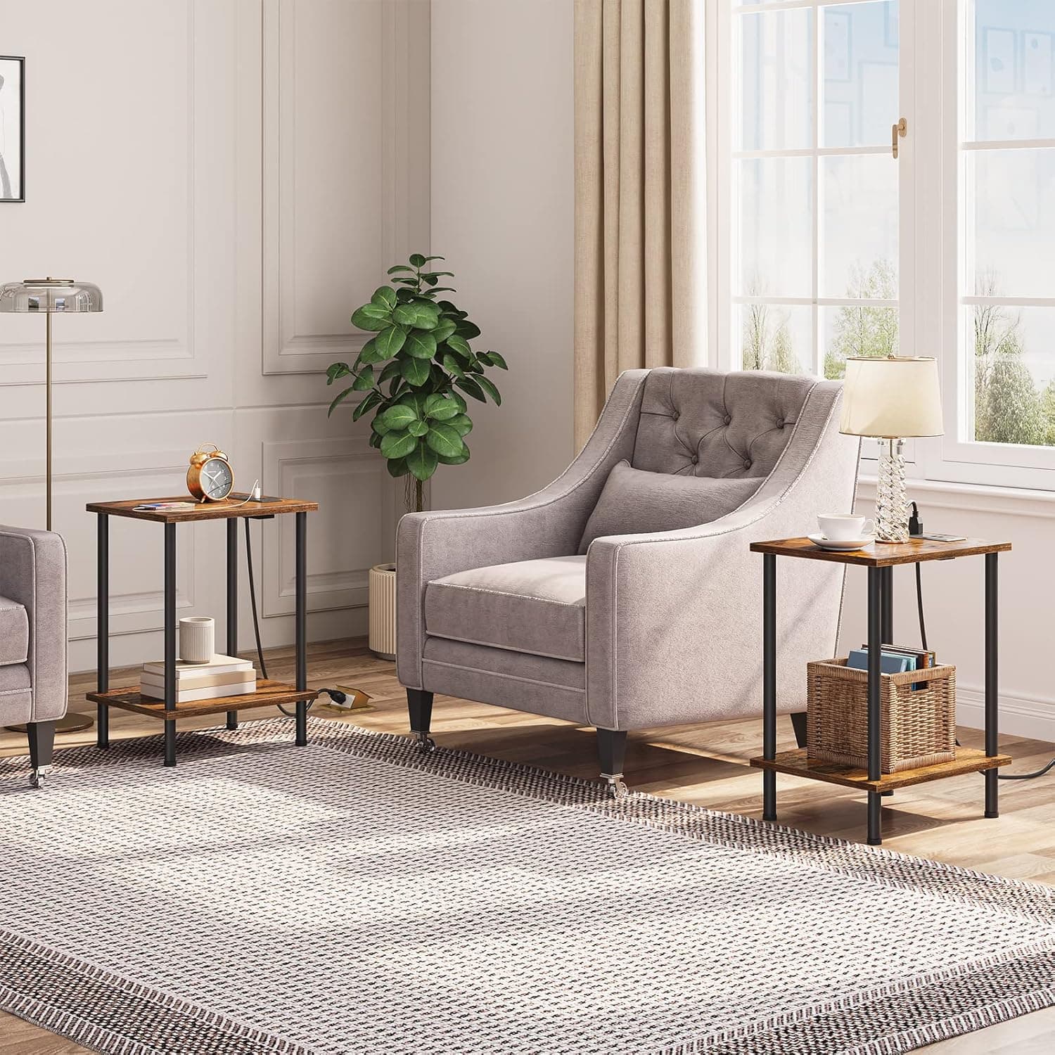 HOOBRO Side Table with Charging Station, Set of 2 End Tables with USB Port and Outlets, Nightstand with 2-Layer Storage Shelves for Small Spaces, Living Room, Bedroom, Rustic Brown BF09UBZP201 2 Rustic Brown + Black - Image 3