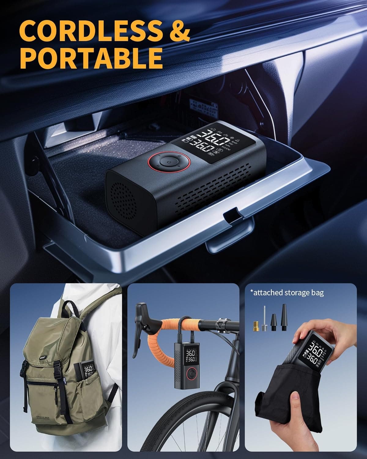 Tire Inflator Portable Air Compressor, 150 PSI Cordless Bike Pump, Air Pump for Auto, Motorcycle, Bicycle, Balls with Pressure Gauge, LED Light & Car Accessories, Black, Standard Capacity Standard Capacity Black - Image 6