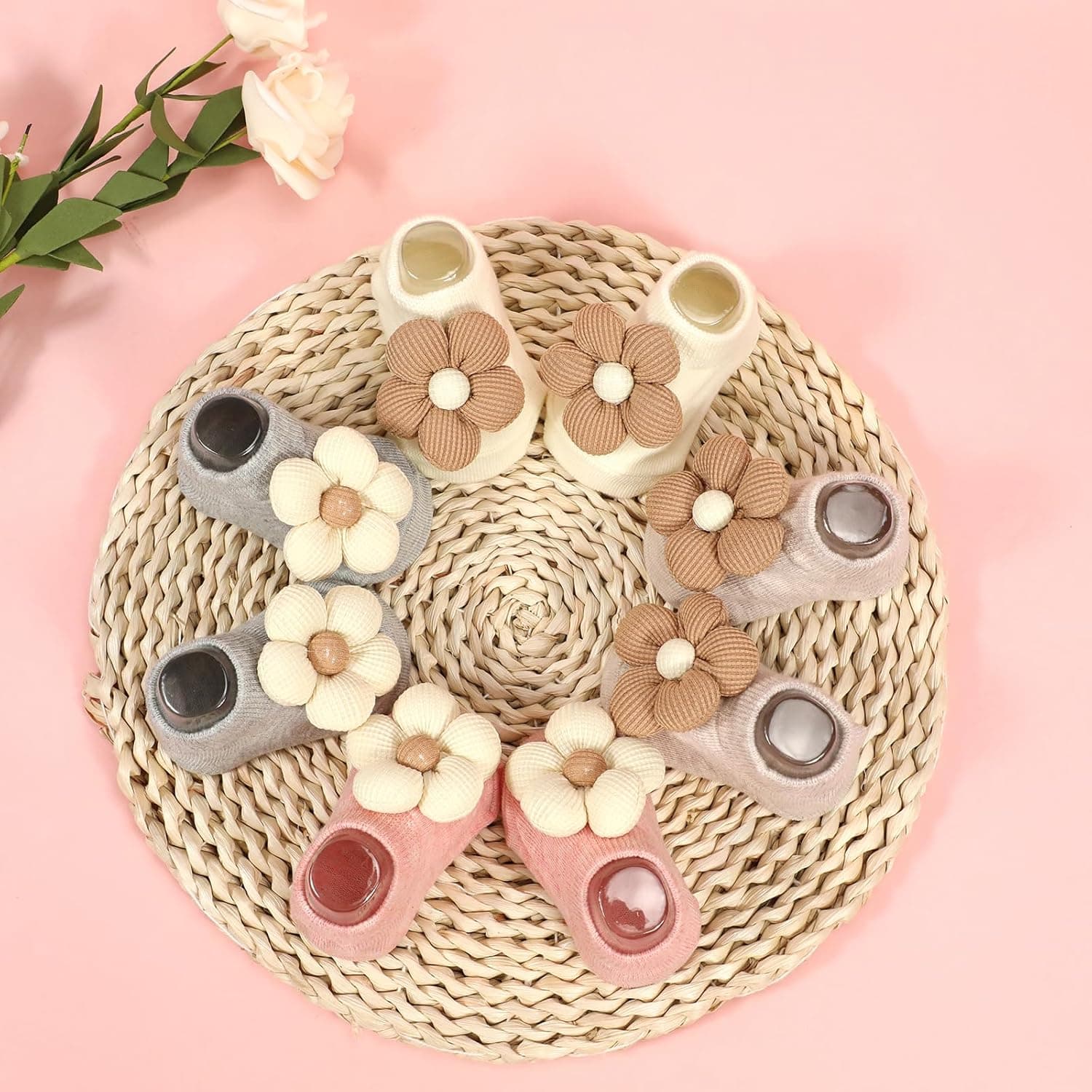 4Packs Baby Girls Socks,Flower Non-Slip Grips for Babies Toddler Princess Low Cut Ankle Socks for Girls 0-6 Months Multicolor - Image 3