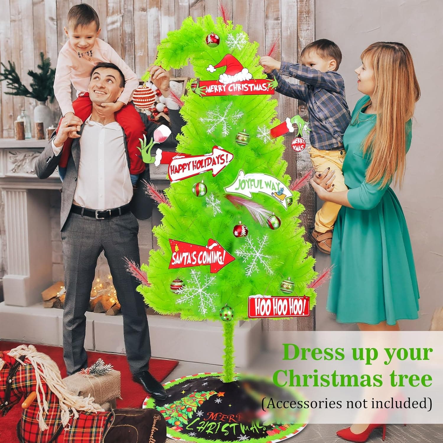6 FT Grinchie​ Christmas Tree, Top Curved 6ft Upright 7ft Lime Green Xmas Tree with Tree Skirt, Easy Setup Whimsical Artificial Christmas Tree for Christmas Decorations - Image 6