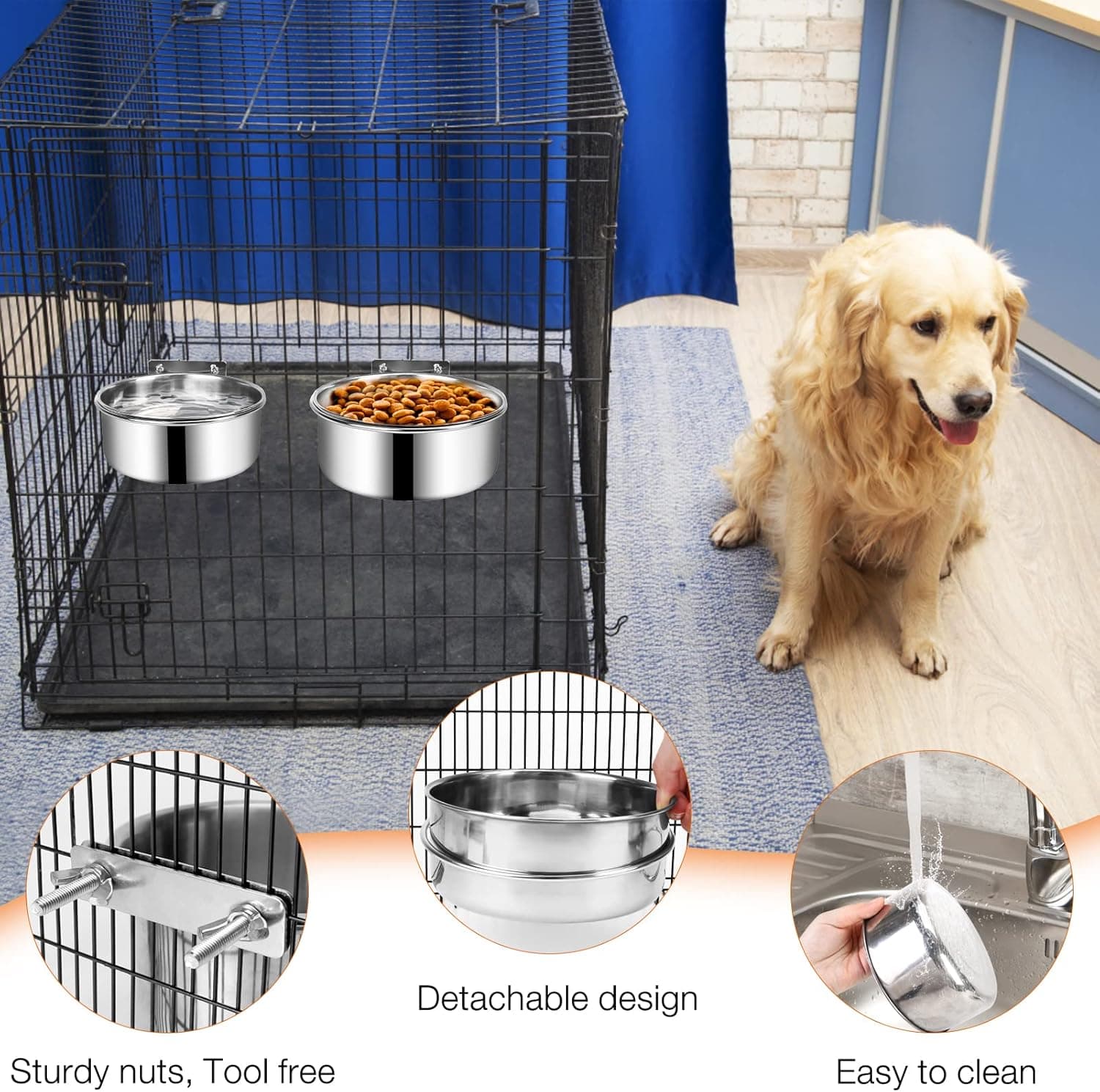 Dog Crate Water and Food Bowl, ShineMe Stainless Steel Dogs Bowls Hanging 2 Pack for Cage Crate Kennel, Spill Proof Dog Bowl for Medium and Small Sized Dogs Cats Pets (6.3 * 2.6” & 5.5 * 2.4”) Silver (40oz+26oz) - Image 6