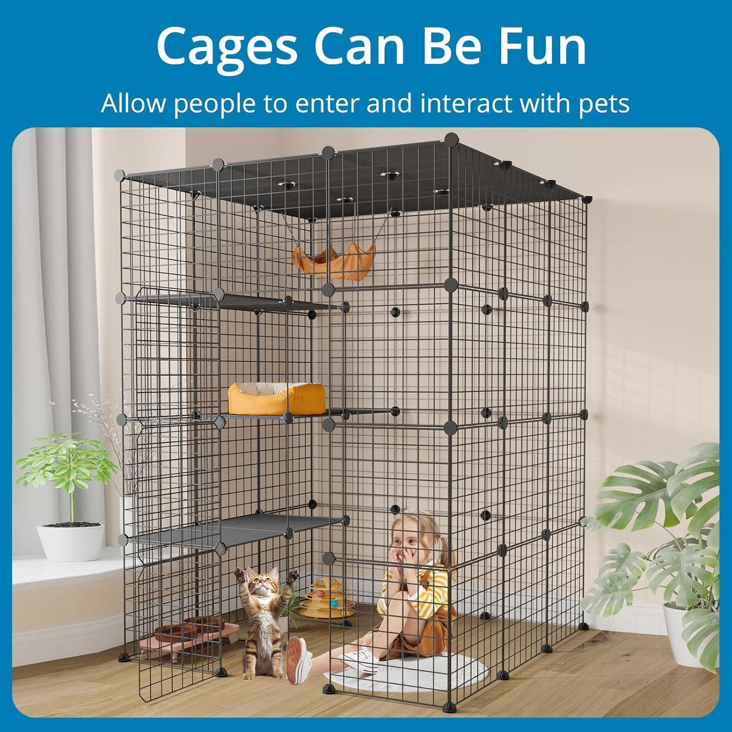 Large Cat Cage, Enclosures Indoor with Balcony, DIY Playpen Detachable Metal Wire Kennels Crate 3x3x4 Large Exercise Place Ideal for 1-3 Cats Black 41.0"L x 41.0"W x 55.0"H - Image 5