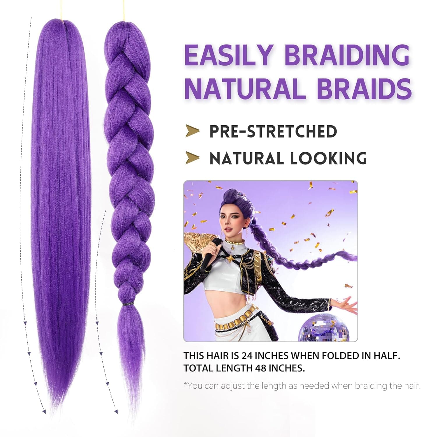 Long Purple Braiding Hair Pre Stretched Synthetic Braiding hair Extensions for Braids, Purple Hair Extensions for Stage Party Halloween Costume Cosplay 24 Inch Purple - Image 4
