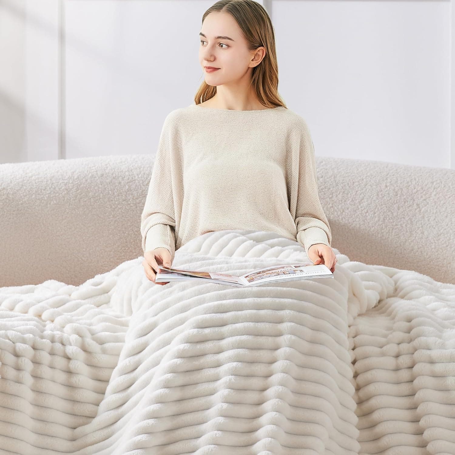 BEDELITE Fleece Throw Blanket for Couch - 300GSM Soft & Warm Fluffy Cream White Blanket, Decorative and Giftable Striped Blankets for Women, Men, 50"x60" Cream Throw(50"x60") - Image 4
