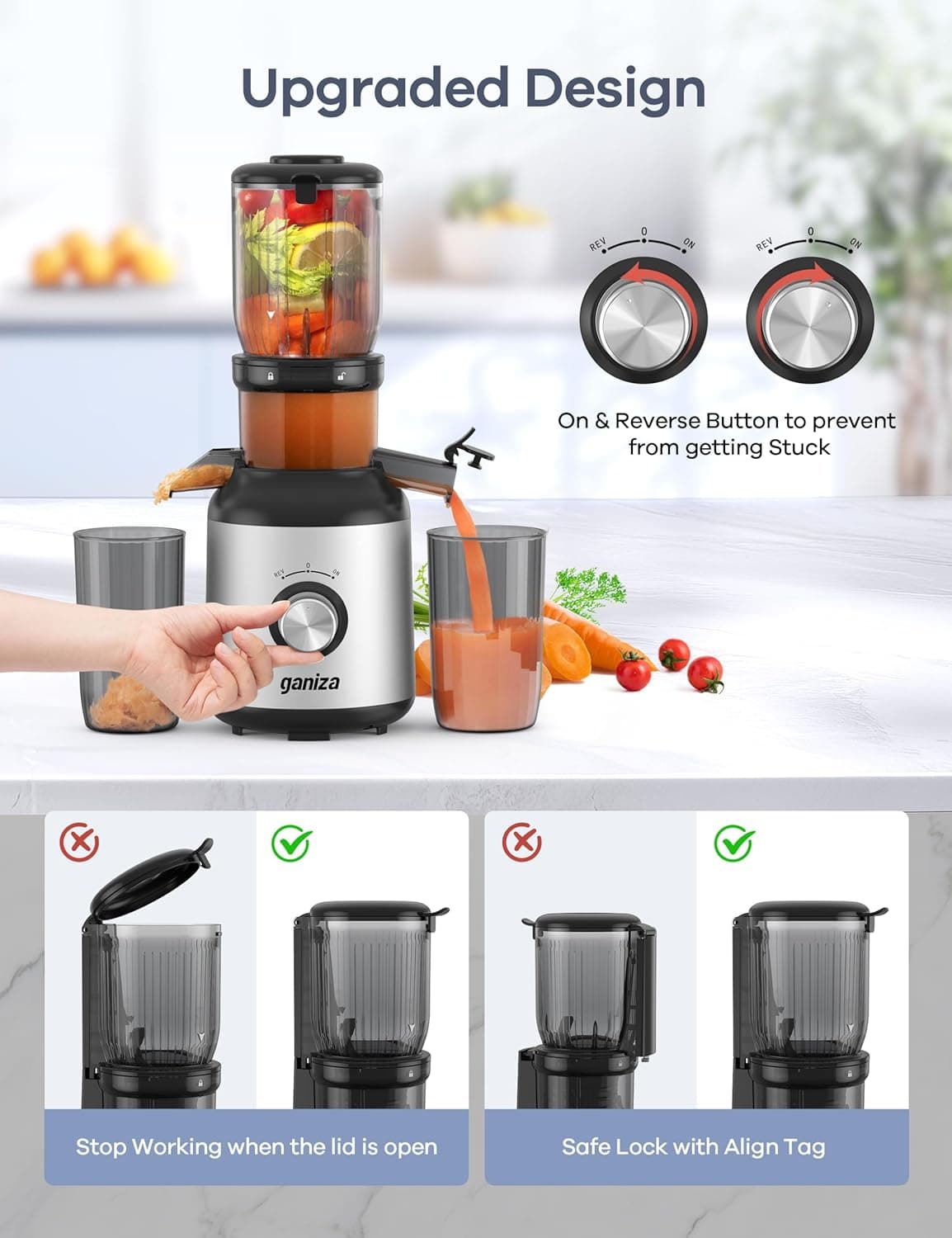 Ganiza Juicer Machines, Slow Masticating Juicers with Large Feed Chute for Whole Fruits & Vegetables, Cold Press Juicer with 3 Replace Filters for Batch Juicing, Easy to Clean, BPA Free(Silver) Black Silver - Image 5