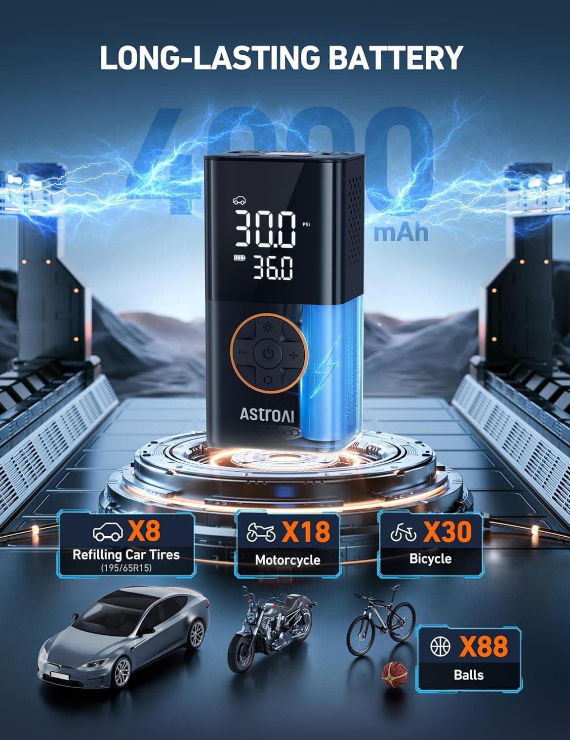 AstroAI L7 Tire Inflator Portable Air Compressor Cordless Mini Bike Pump with Digital Dual Values Display, 150 PSI Car Tires Air Pump with LED Lights&Pressure Gauge for Auto, Motorcycles, Bikes, Balls Orange 1 - Image 3