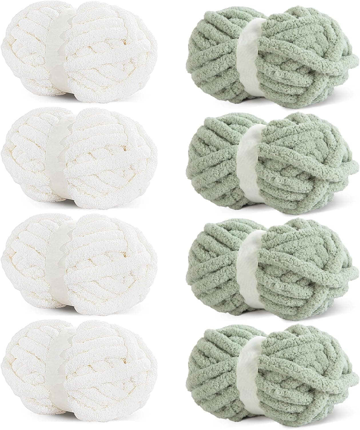 HOMBYS 8 Pack Assorted Chunky Yarn for Crocheting,Super Bulky Large Soft Fluffy Yarn,Plush Fuzzy Yarn,Thick Chenille Yarn for Hand Knitting/Arm Knitting,4 White & 4 Sage Green(27yds,8 oz Each Skein) 4 White+4 Sage Green 8 Pack - Image 2