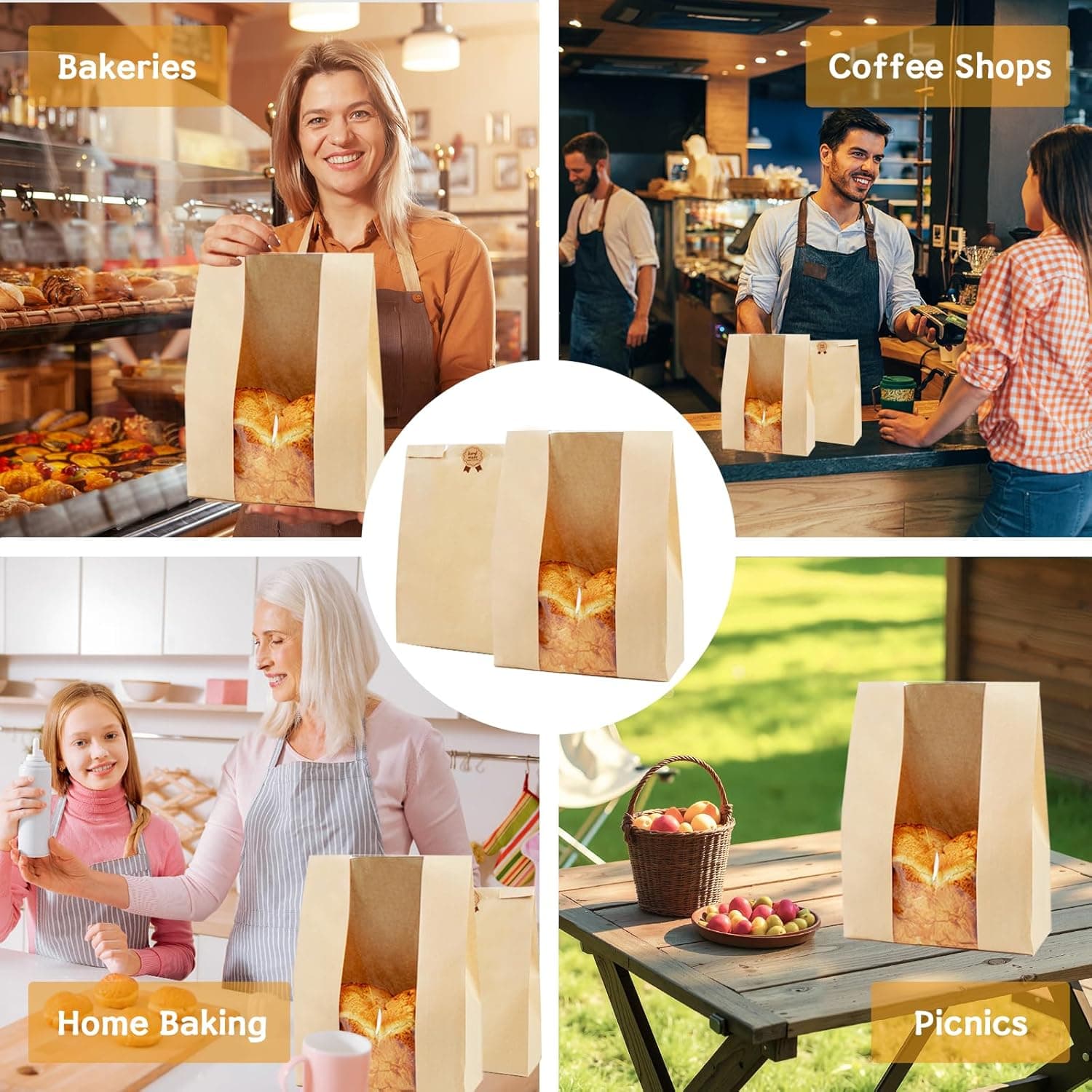 100 Pack Large 14x8.3x3.5in Bread Bags for Homemade Bread, Kraft Paper Bakery Bags with Clear Window & Tin Tie Lock, Thicker Cookie & Snack Storage Bags, Includes 100 Sealing Stickers - Image 8