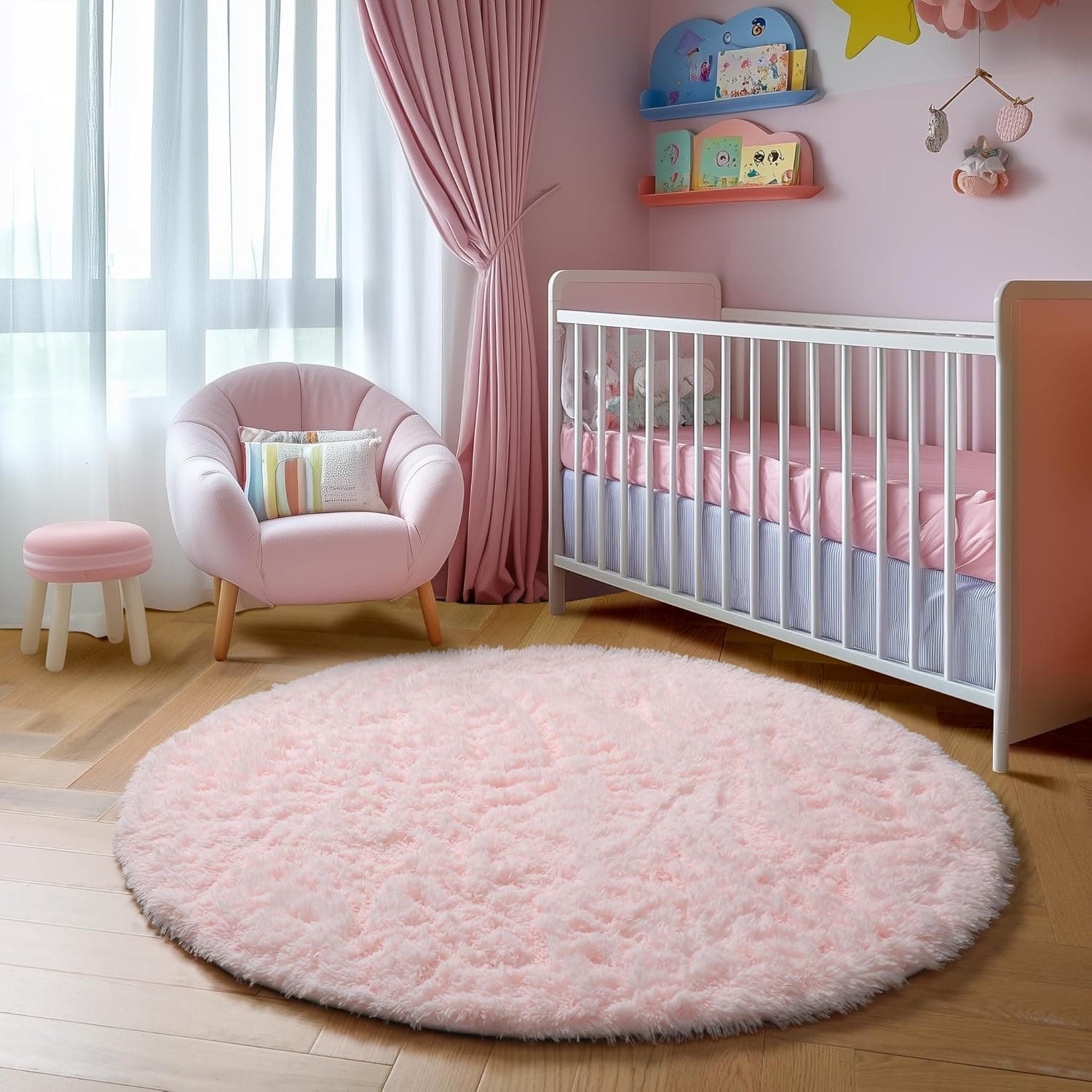 Amdrebio Light Pink Round Rug 4Ft for Girls Bedroom, Fluffy Circle Area Rugs for Kids Room Decor Aesthetic, Cute Shag Fuzzy Carpet for Nursery, Preppy Dorm, Classroom, Playroom, Teen, Baby, Washable 4' (Round) Pink - Image 6