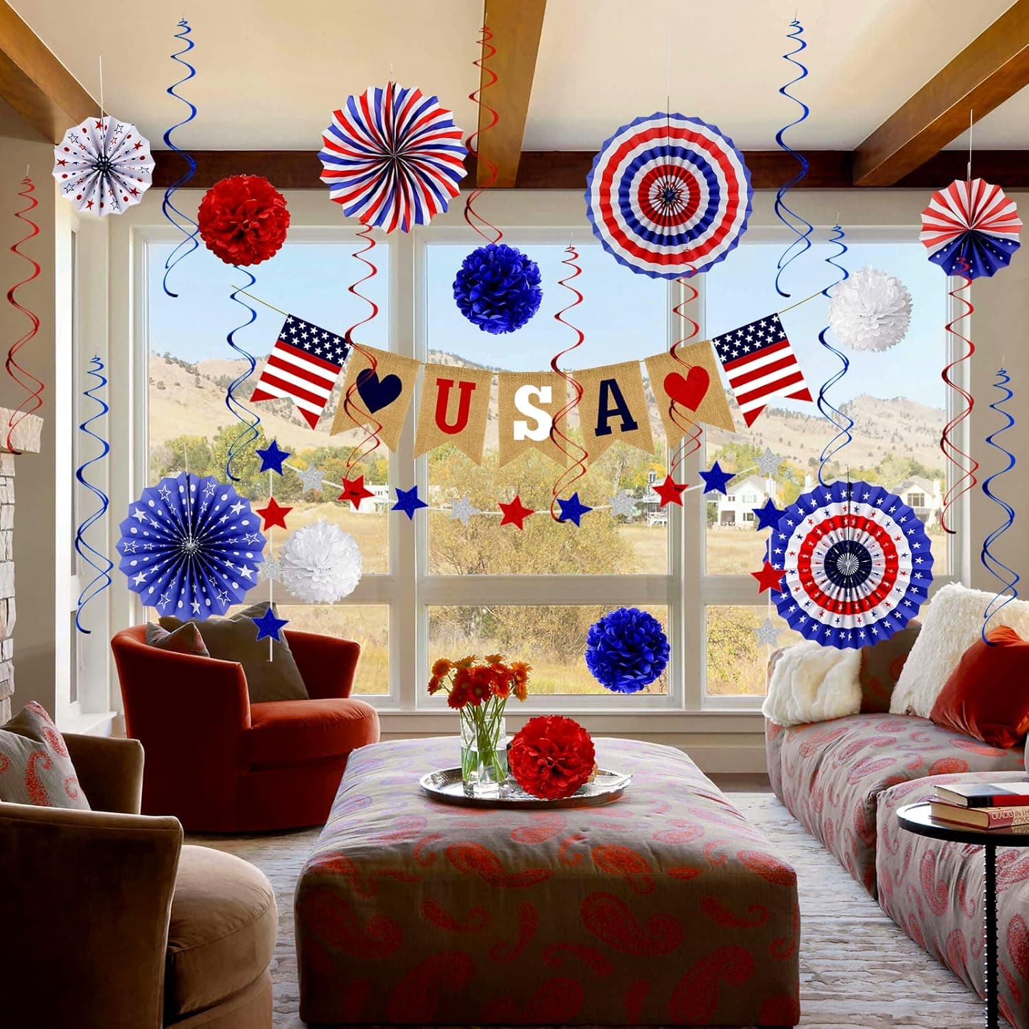 26Pcs Patriotic Decorations 4th of July Decorations LOVE USA Banner Red White Blue Paper Fans Star Streamer Pom Poms Hanging Swirls for Veterans Labor Presidents Flag Memorial Day - Image 7