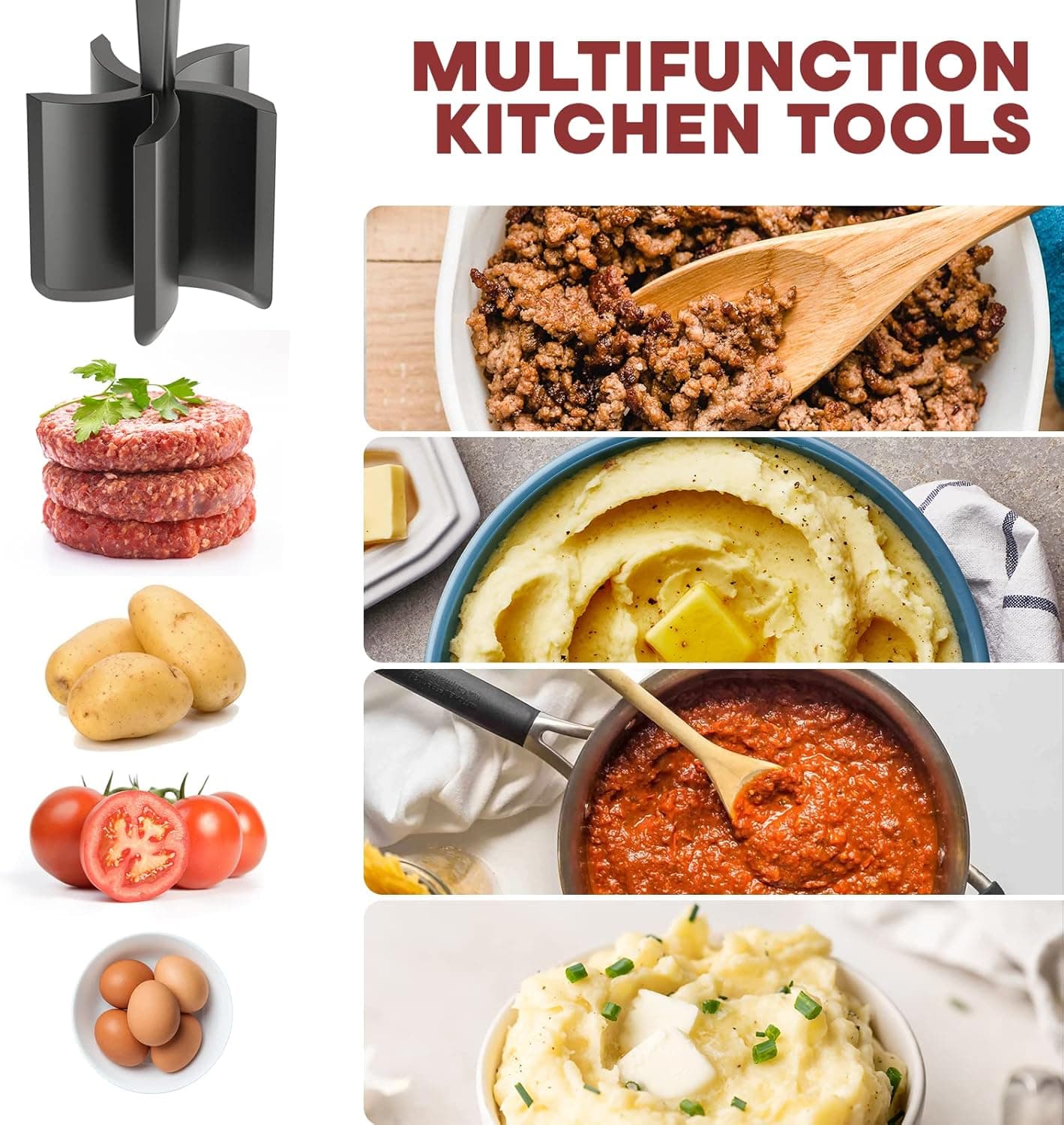 Meat Chopper, Hamburger Grinder, Premium Heat Resistant Smasher for Ground Beef, Burger Grinder Nylon Potato Mix Tool, Meat & Poultry Tenderizers-Black Black 1 Pack - Image 4