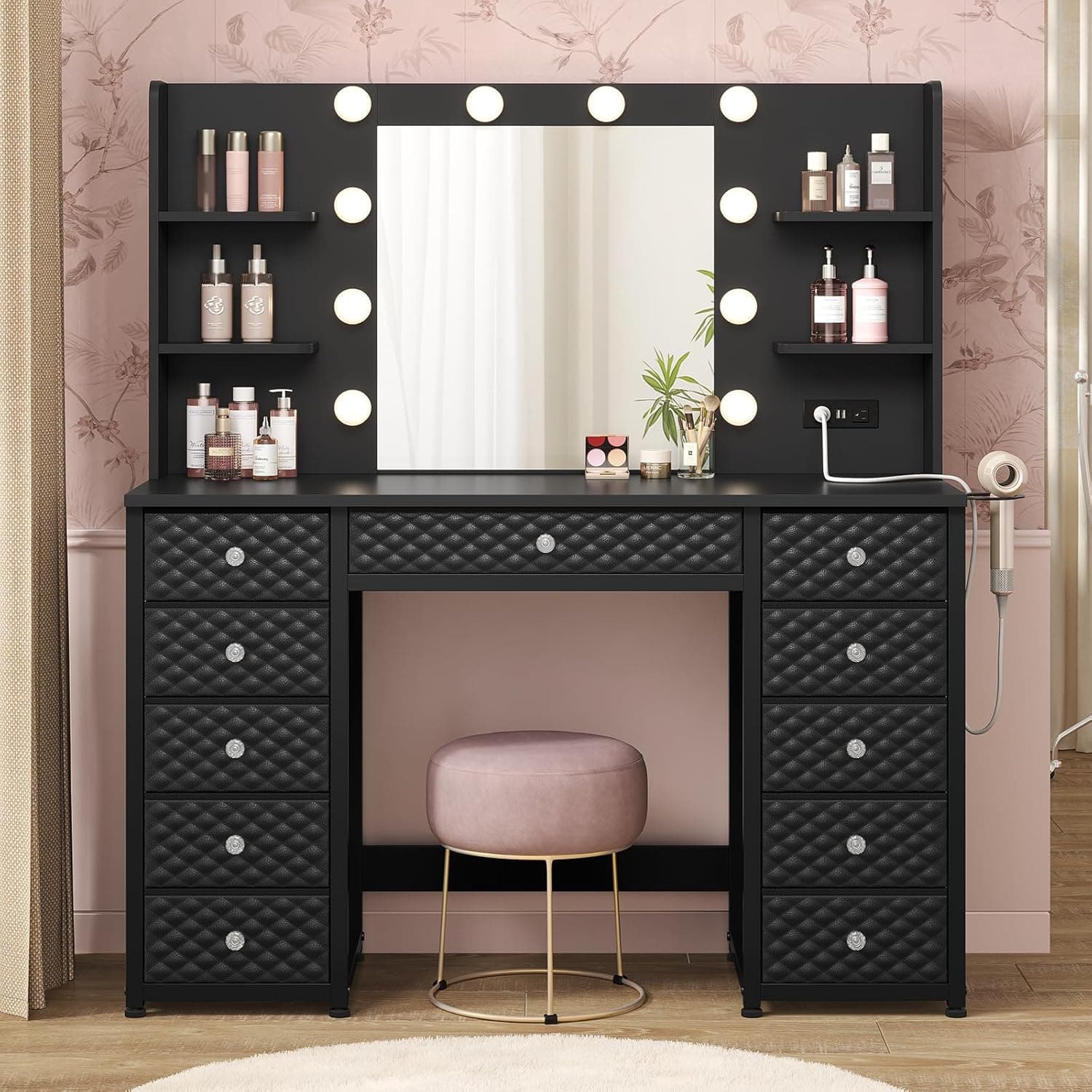Vanity with Lights and Mirror, 11 Drawer Makeup Vanity with Power Strip, 6 Open Shelves, 43.3” Vanity Desk with Storage, Dressing Table with 3 Color Modes for Bedroom, Women, Girls, Black - Image 9