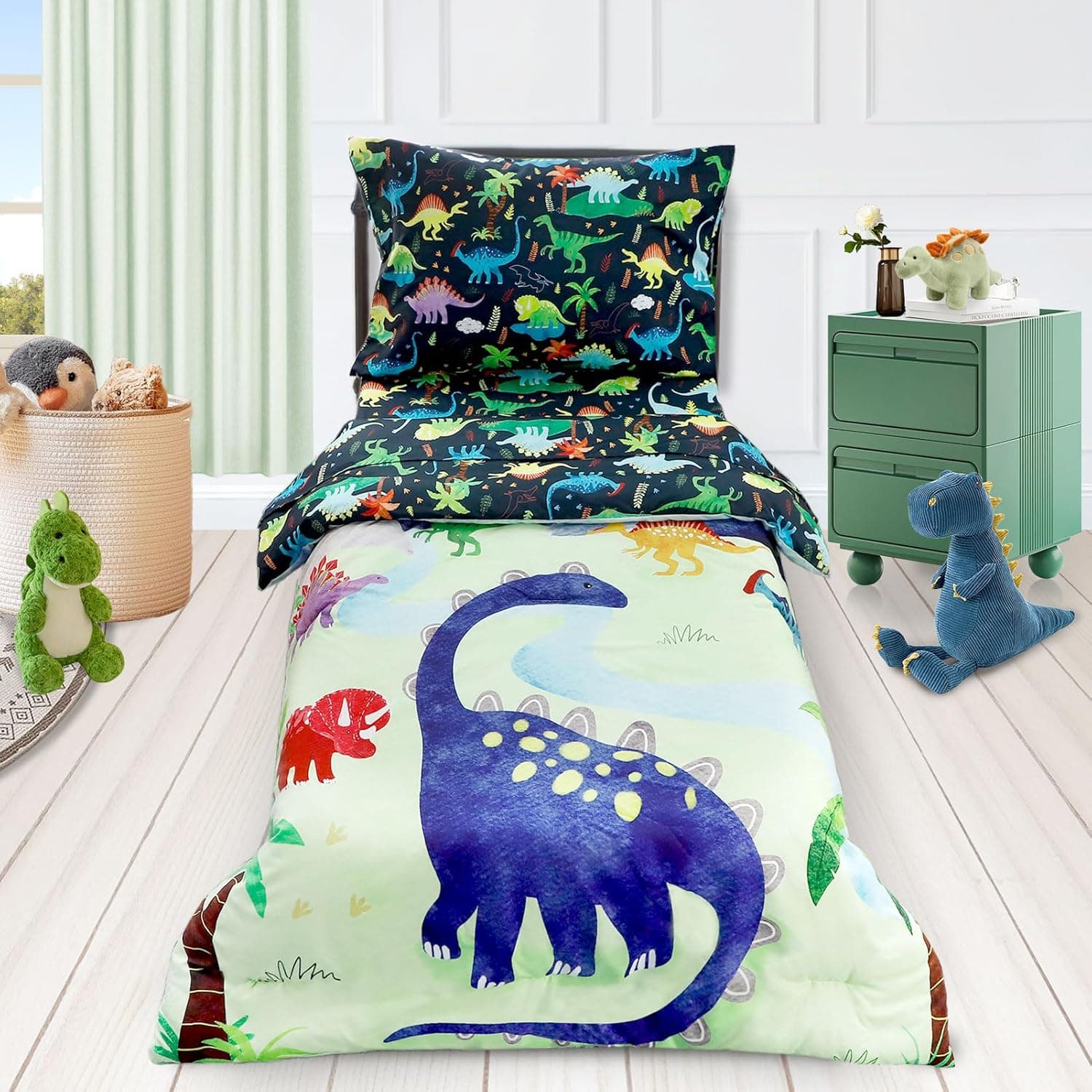 4 Piece Toddler Bedding Set, Ultra Soft and Breathable Cartoon Dinosaur Toddler Comforter Sets for Boys Includes Quilted Comforter, Fitted Sheet, Flat Sheet and Pillowcase - Image 7