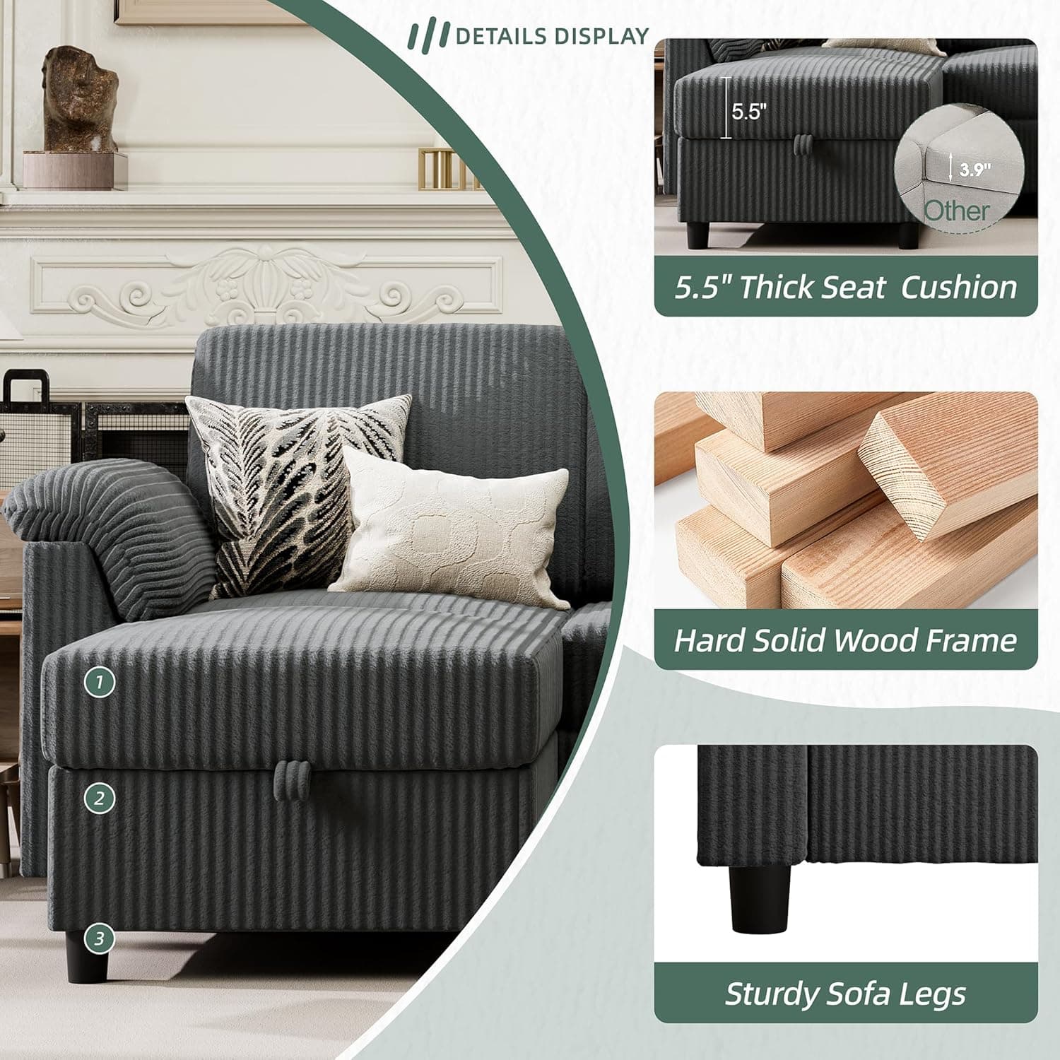 Vongrasig 79" Convertible Sectional Couches Sofa with Storage Ottoman, 3 Seat L Shaped Couch with Side Storage Pockage, Linen Fabric Small Couches for Living Room, Apartment and Small Space, Grey - Image 4