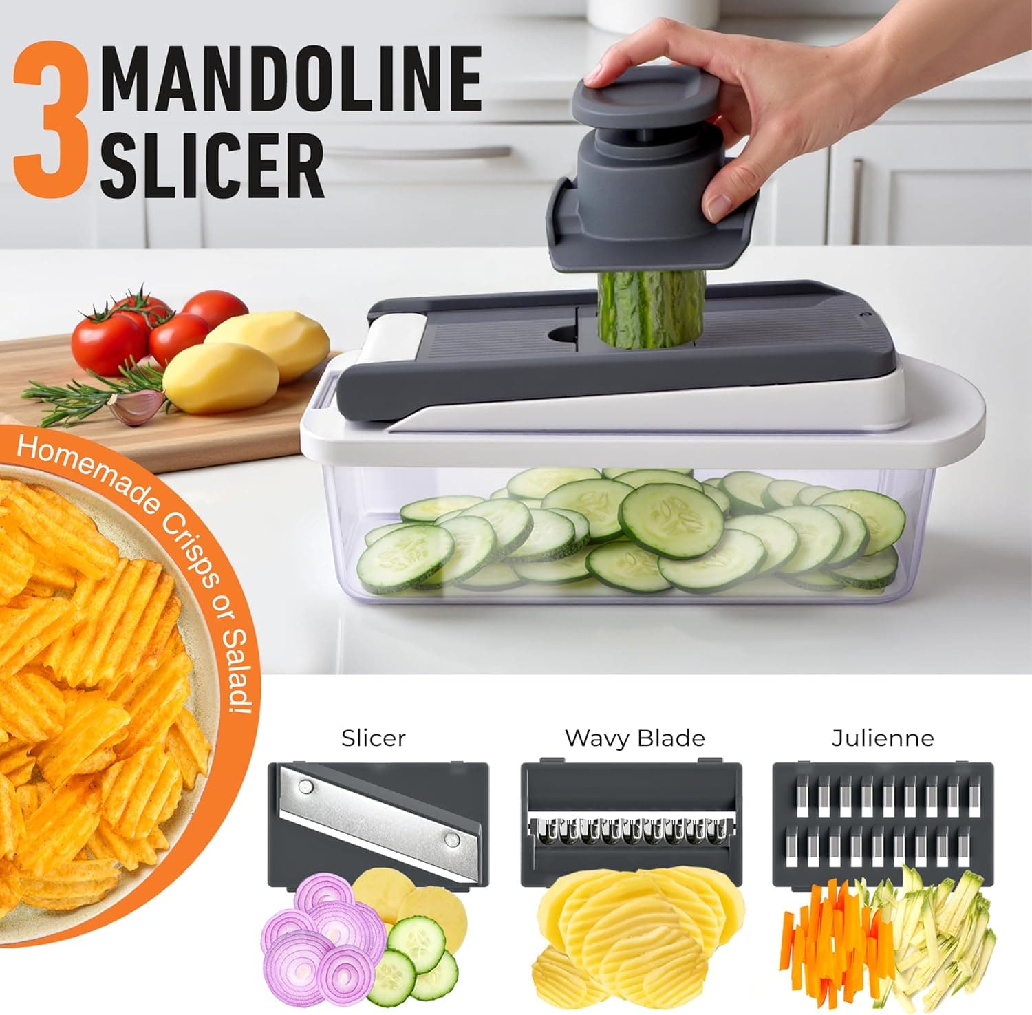 Mueller The Real Original Pro Chopper since 2013 Vegetable Chopper Mandoline Slicer, 8 Blade Food Veggie Chopper Onion Vegetable Cutter with Container, Kitchen Gadgets & Essentials, (10 in 1) 8 Blade White Sand/Gray - Image 7