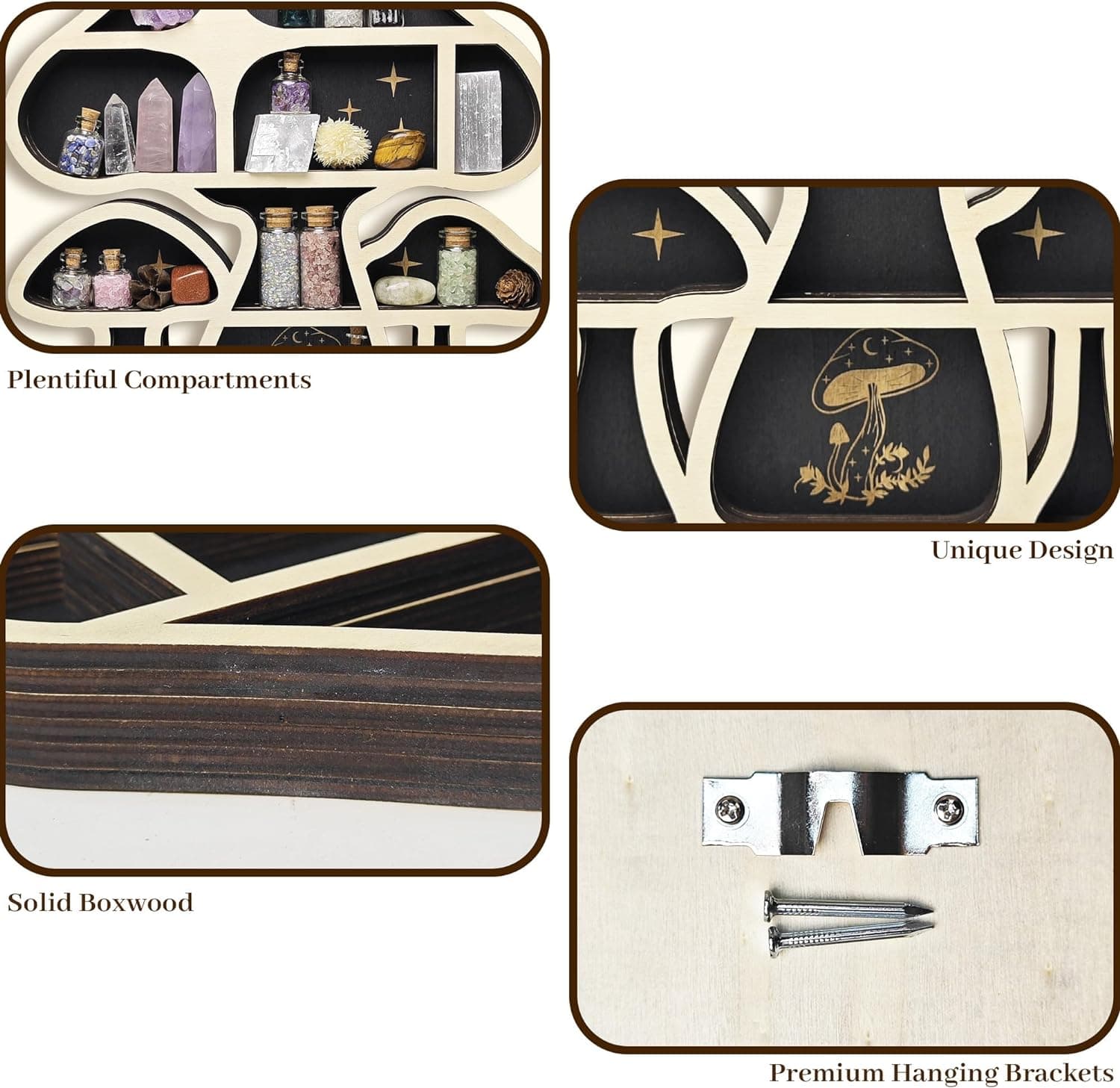 Wooden Mushroom Floating Shelves, Crystal Display Shelf for Wall, Cute Mushroom Wall Decor, Rock Gem Stone Storage Organizer, Essential Oil Holder Hanging Case, Meditation Art Spiritual Gift 3 Mushrooms - Image 5