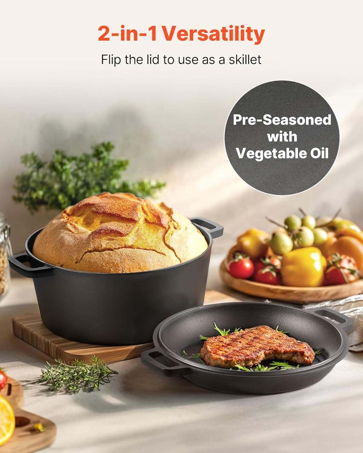 VEVOR Cast Iron Dutch Oven, 2-in-1 Pre-Seasoned Pot with Skillet Lid, 5QT Cookware Pan with Proofing Basket, Bread Baking Accessories, Bread-Oven Compatible 500℉ - Image 5