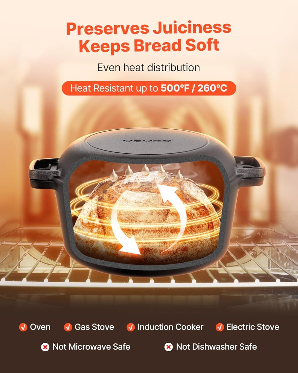 VEVOR Cast Iron Dutch Oven, 2-in-1 Pre-Seasoned Pot with Skillet Lid, 5QT Cookware Pan with Proofing Basket, Bread Baking Accessories, Bread-Oven Compatible 500℉ - Image 6