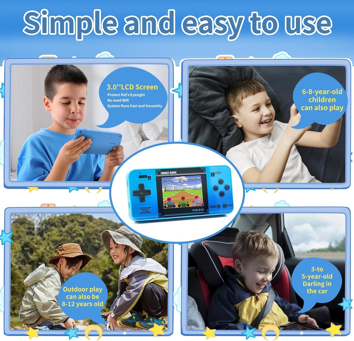 Handheld Game for Kids -Preloaded 220 Retro Video Games, Portable Gaming Player with Rechargeable Battery 3.0" LCD Screen, Mini Arcade Electronic Toy Gifts for Boys Girls (Blue) - Image 6