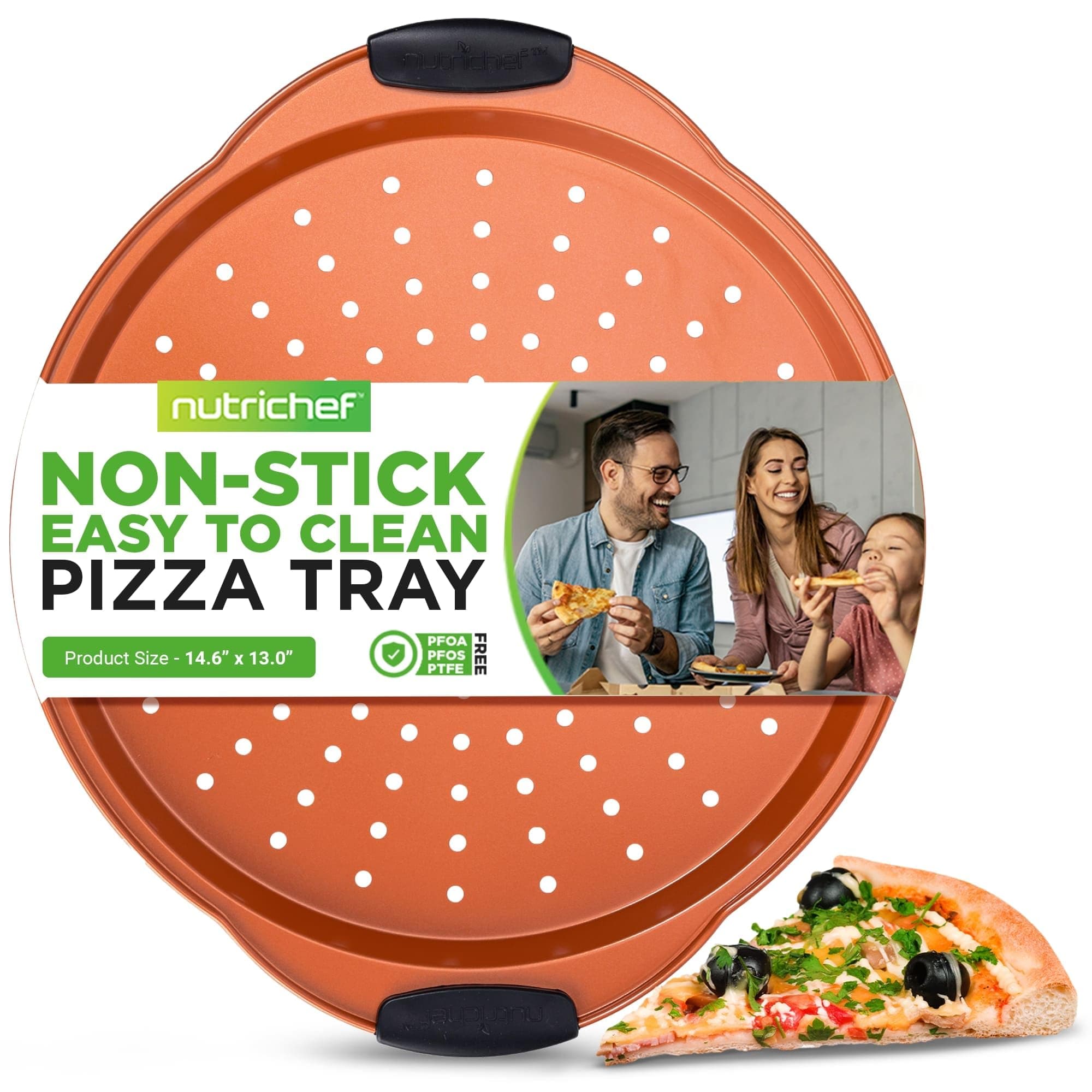 NutriChef 13-Inch Nonstick Pizza Tray - Round Carbon Steel Non-Stick Pizza Baking Pan with Perforated Holes, Premium Bakeware Pizza Screen with Silicone Grip Handles, Dishwasher Safe - Copper Copper 1 Pack