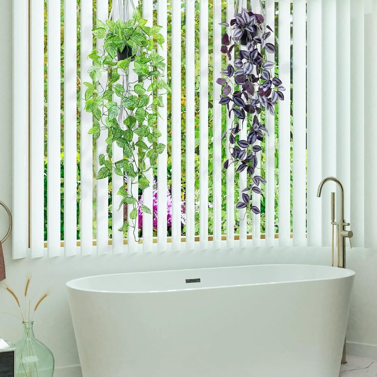 LOYWREE Small Fake Hanging Purple Eyebrow Leaf Plant Artificial Potted Plants Indoor 39-in Long Faux Dark Black Vine Plant with Pot for Shelf Home Office and Outdoor Garden Decor (Black Pot) Dark Eyebrow 1Pack - Image 6