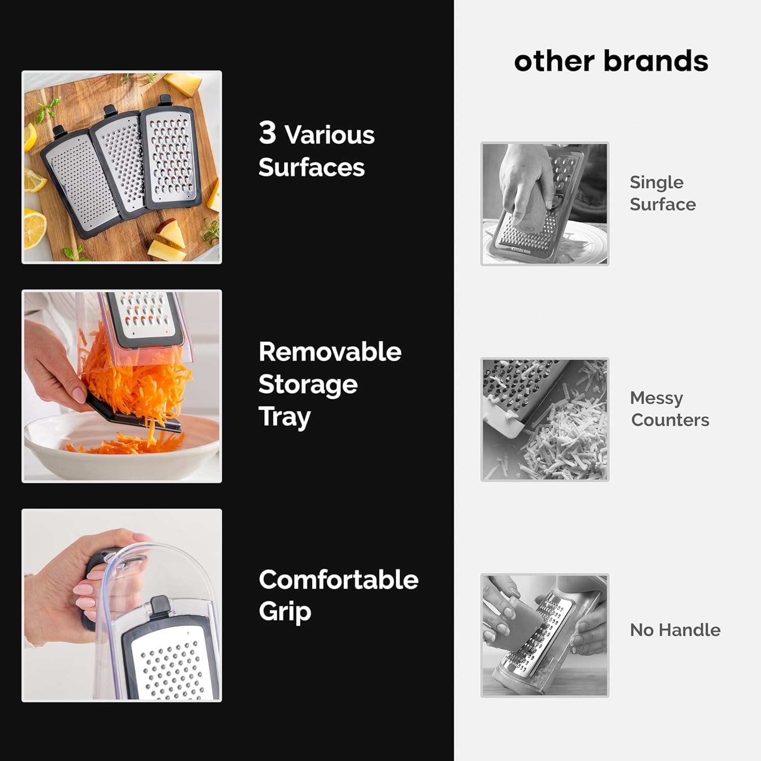 Cheese Grater with Garlic Crusher- Box Grater Vegetable Shredder with 3 Stainless Steel Blades - Graters for Kitchen- Cheese Graters with Handle - Garlic Mincer Tool and Vegetable Peeler - Image 3