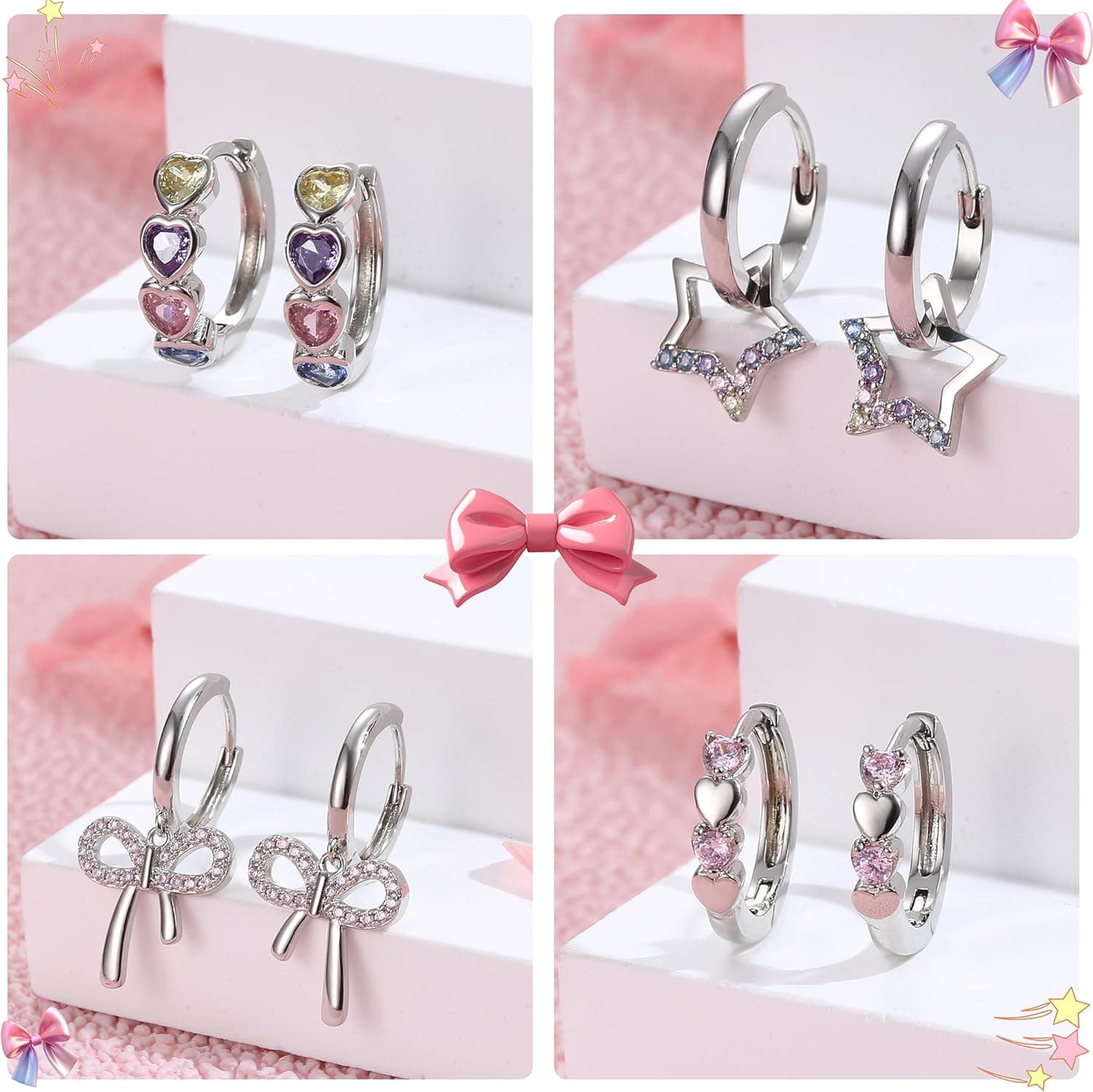 BESTEEL 4 Pairs Hypoallergenic Huggie Hoop Earrings for Girls Women Silver Plated Small Dangle Hoop Earrings Bow Earrings Tiny Cute CZ Heart Butterfly Earrings Set Pink Colorful Star Earrings for Sensitive Ears(over 3 years old) Heart star bow set - Image 6
