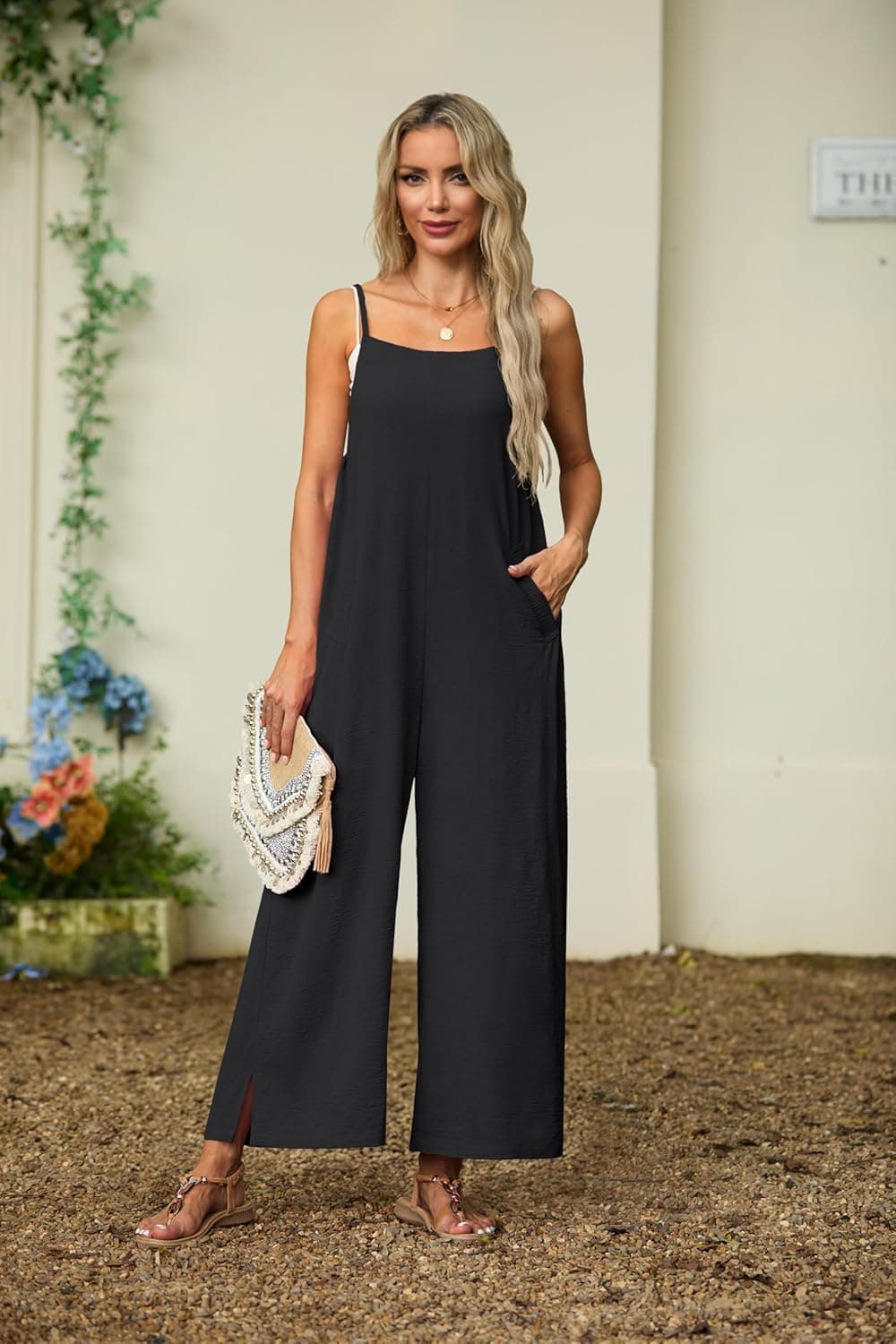 Lepunuo Womens Casual Loose Jumpsuits Summer Boho Wide Leg Rompers Sleeveless Overalls with Pockets A - Black Large - Image 4