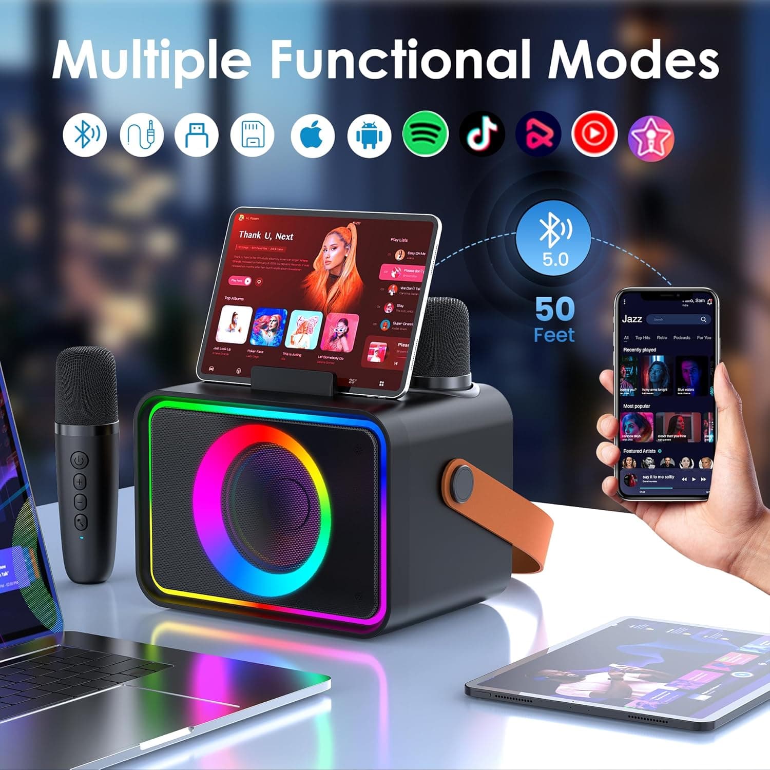 Karaoke Machine,Portable Bluetooth Speaker with 2 Wireless Microphone for Adults & Kids with LED Lights, Karaoke Microphone with PA System Supports USB/TF/AUX,Gift for Party (Black) - Image 6