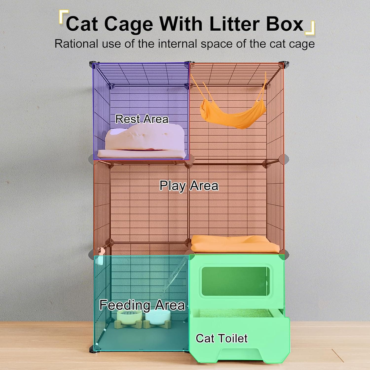 Oneluck Cat Cage Indoor with Litter Box 3-Tier DIY Cat Playpen Detachable Metal Wire Kennel Crate Large Exercise Place Ideal for 1-2 Kitten 28L x 18W x 41H - Image 3