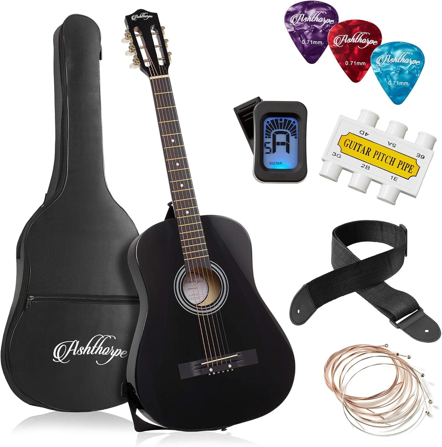 Ashthorpe 38-inch Beginner Acoustic Guitar Package (Black), Basic Starter Kit w/Gig Bag, Strings, Strap, Tuner, Pitch Pipe, Picks 38 Inch Black - Image 2
