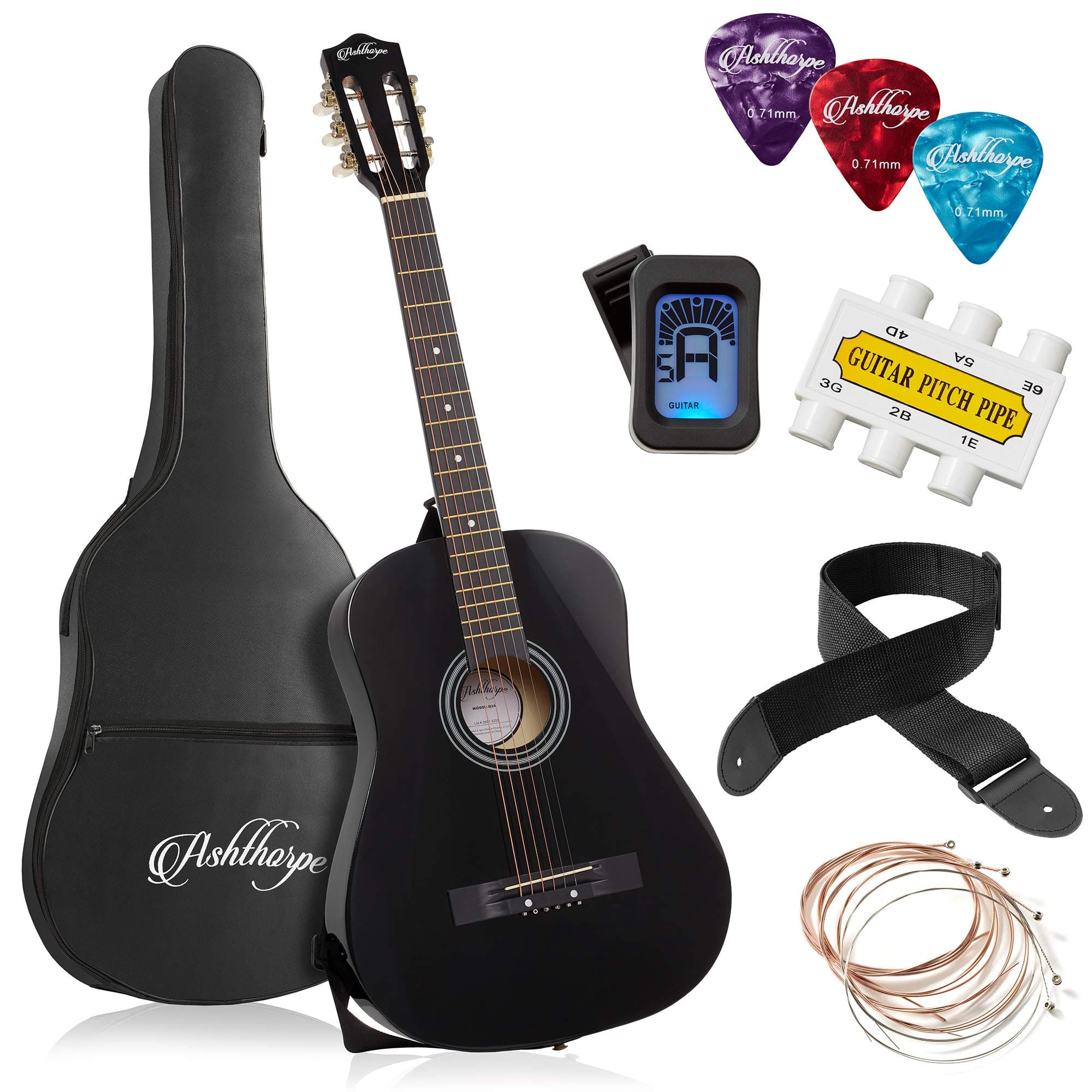 Ashthorpe 38-inch Beginner Acoustic Guitar Package (Black), Basic Starter Kit w/Gig Bag, Strings, Strap, Tuner, Pitch Pipe, Picks 38 Inch Black