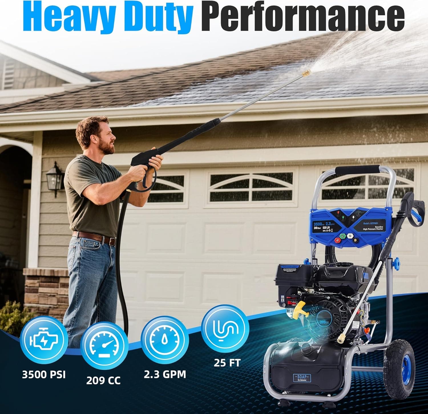 3500 PSI Gas Pressure Washer, 209CC Engine, 2.3 GPM, 4 Adjustable Nozzles, 25ft Hose for Cleaning Cars, Patios, Walls, and Gardens (Blue) - Image 4