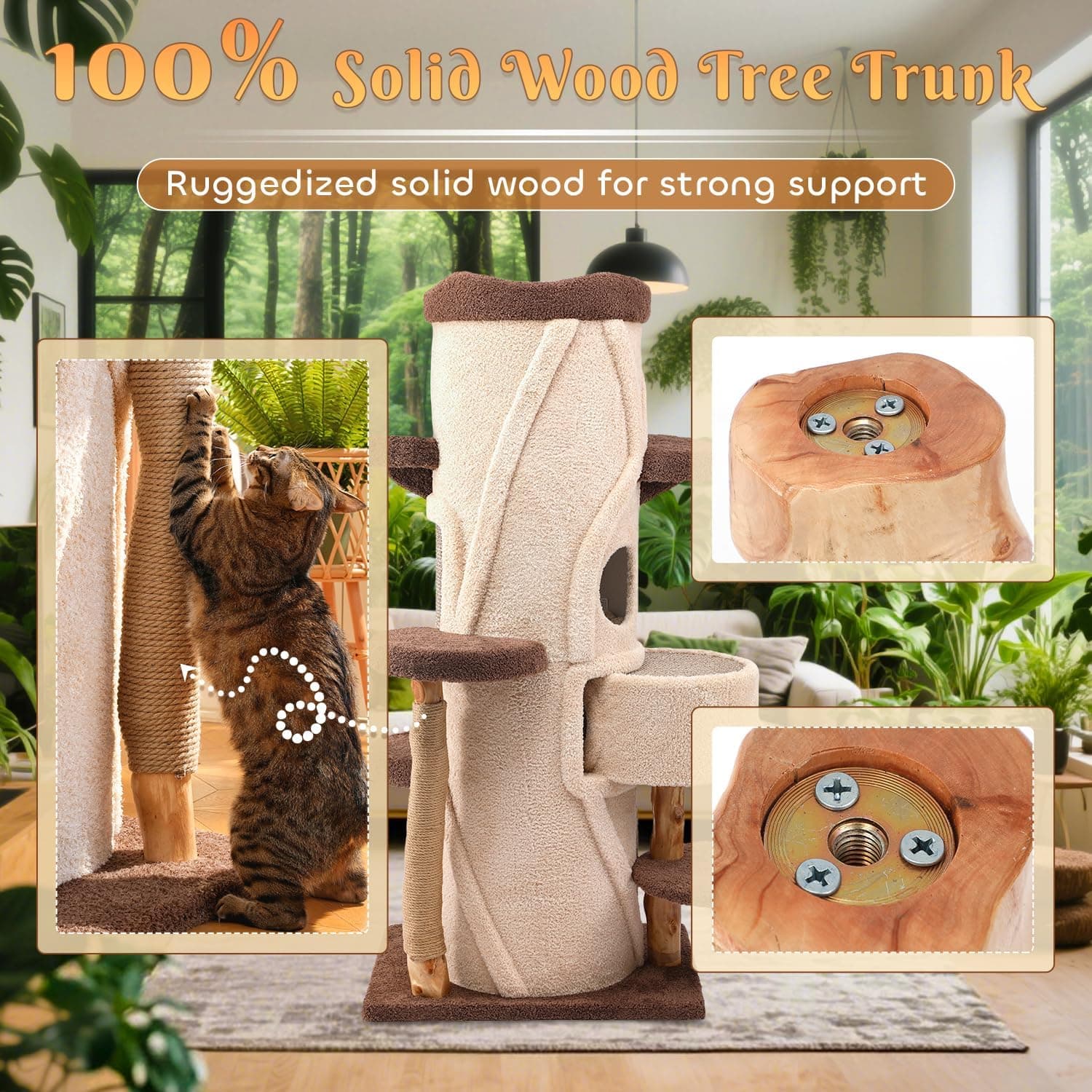 70'' Tall Large Cat Tree for Indoor Cats Adults,Treehouse Theme Luxury Cat Tower,Multi-Level Condo with Wood Scratching Post,Perch,Huge House for Large Cats 70inch - Image 5