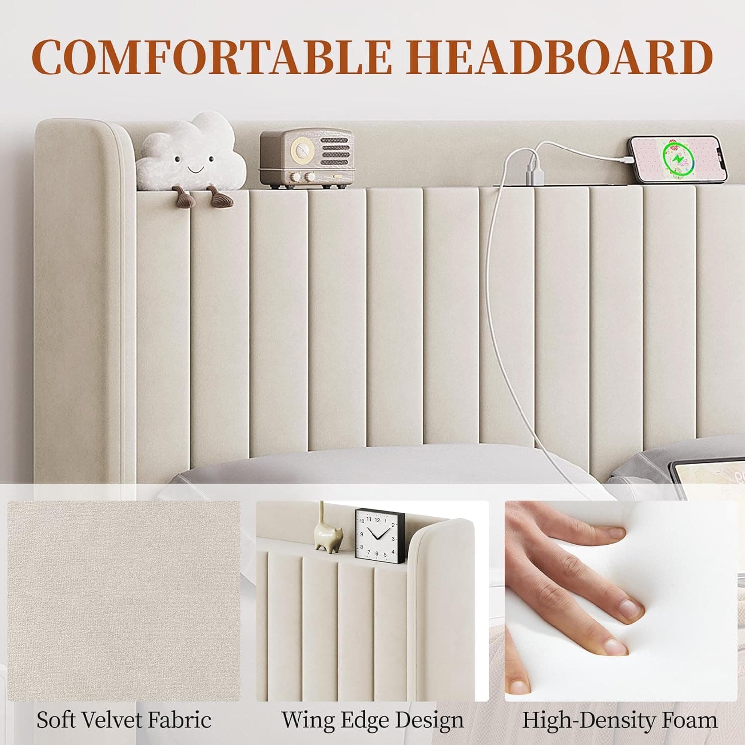 Yaheetech Queen Bed Frame with USB Charging Station and Storage Shelf/Upholstered Headboard Platform Bed with Wing Side/Wooden Slats Support/Noise Free/No Box Spring Needed/Easy Assembly, Beige Beige Queen - Image 6