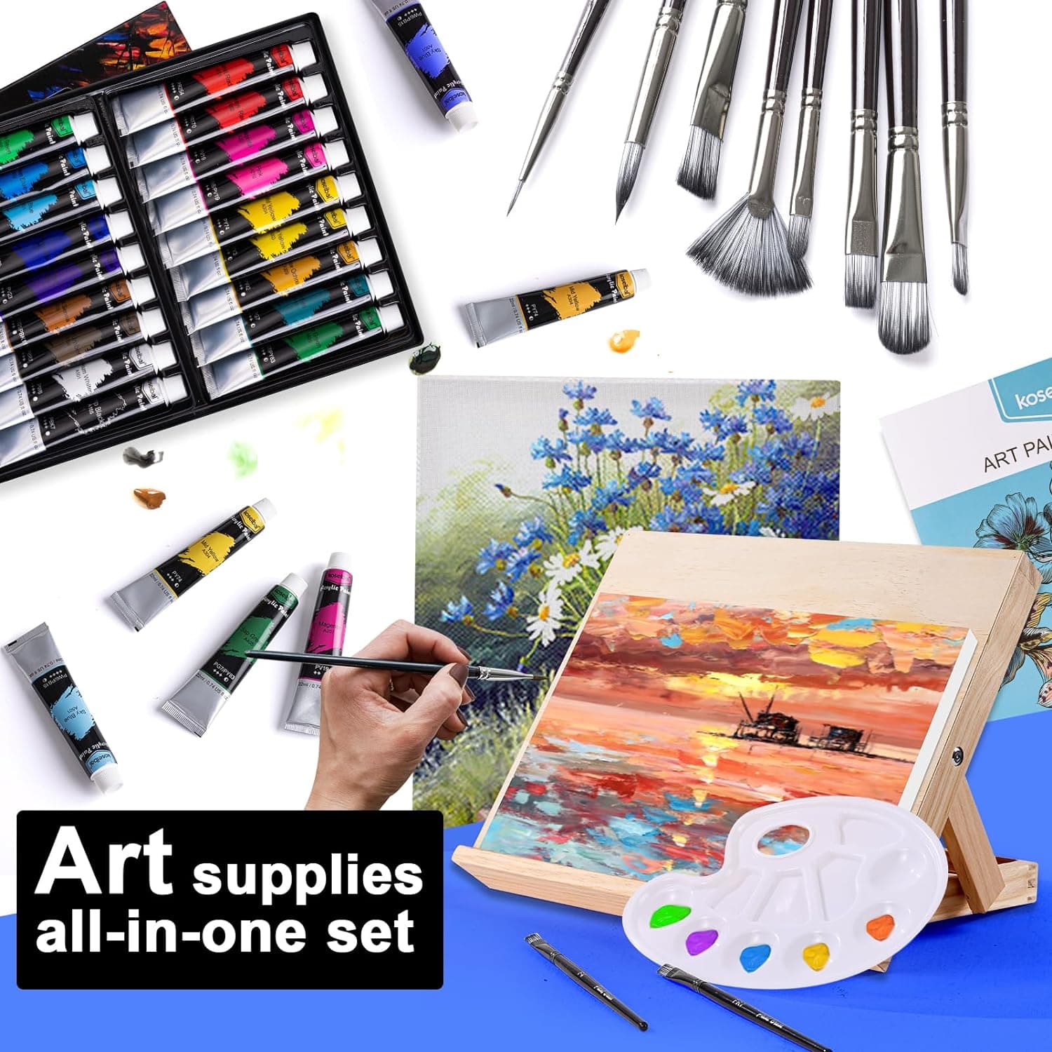 koseibal Acrylic Art Set with 18 Acrylic Paints, 8 Brushes, 4 Stretched Canvas, 1Wooden Easel, Etc, Premium Painting Supplies Kit for Students, Artists Kids, Adults, and Beginner 18colors+36pcs - Image 3